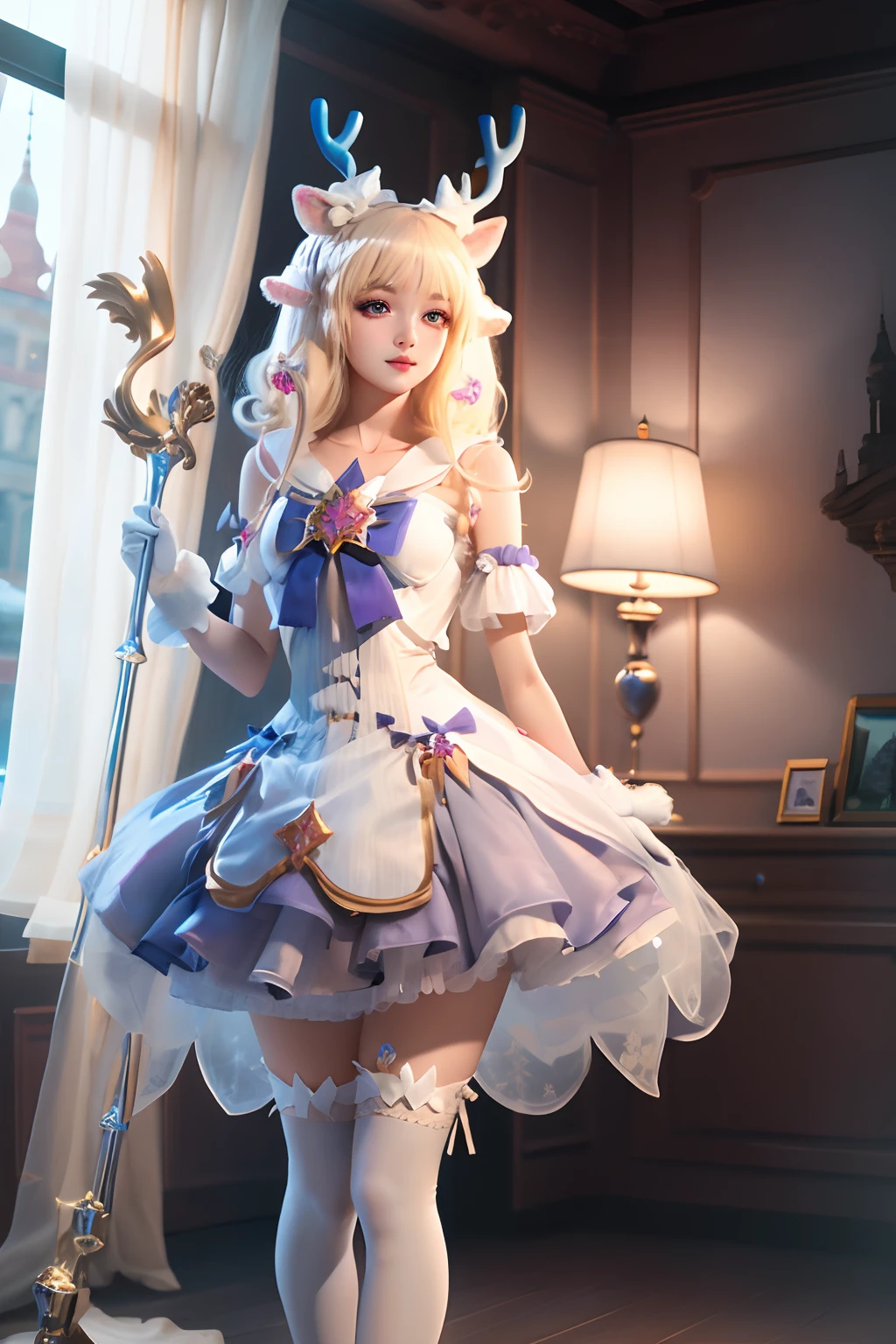 ((Very detailed CG)),1girll,Masterpiece,exquisiteCGrendering,(High detail skin:1),Smooth skin,Super high resolution,Sparkling eyes,Perfect body,Feminine body,Refined facial features,mitts, White_mitts, dress, White_legwear, Solo, Blonde_Hair,deer antlers >