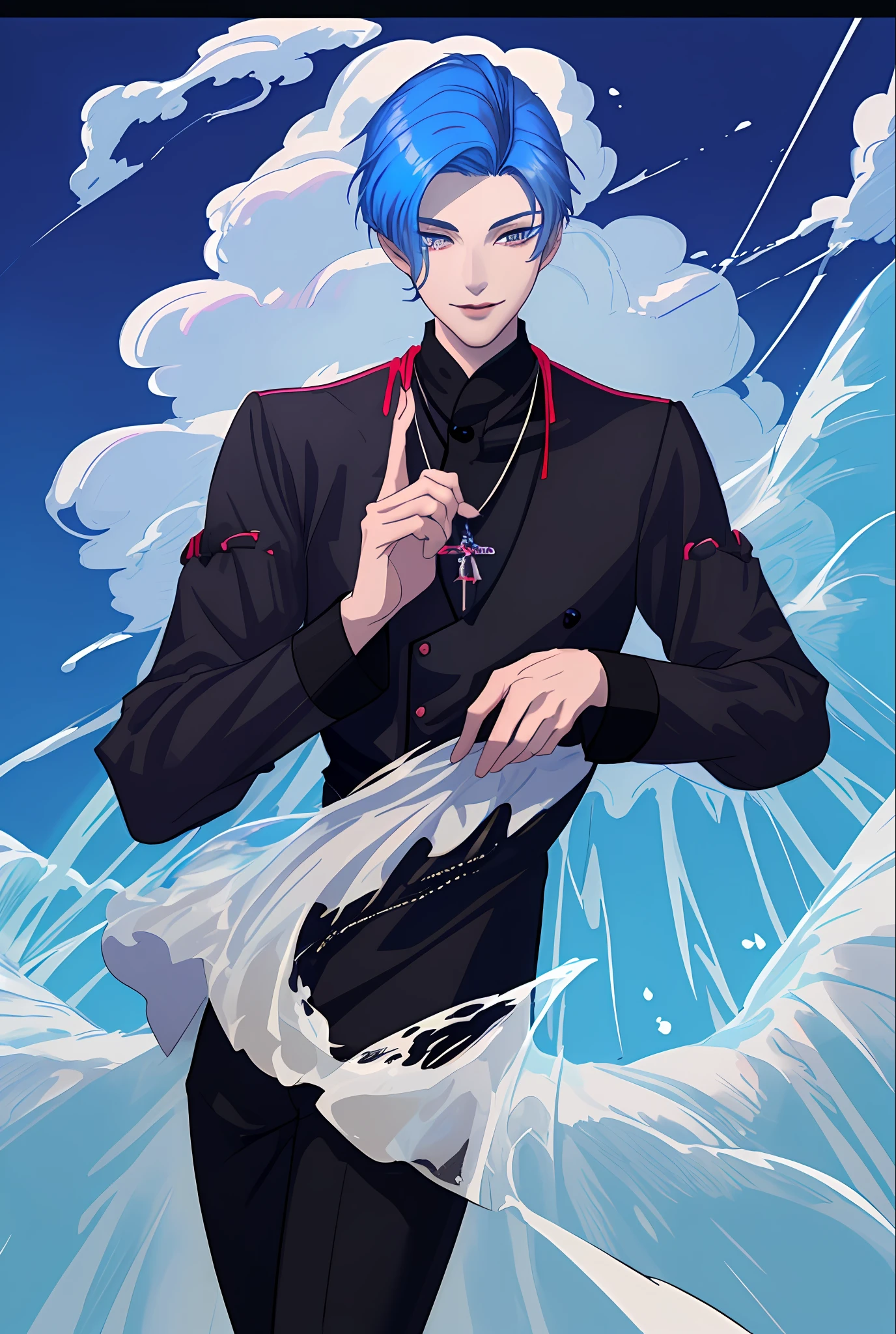 Moonlight behind, Standing by the seaside, Man with light blue hair, inspired by Sim Sa-jeong, nixeu and sakimichan, Inspired by Wang Duo, Morgoth, inspired by Bian Shoumin, Virtual Self, looking this way, inspired by Gang Se-hwang, inspired by jeonseok lee, Tumbler, high-level image quality、 beautiful male、tall、window、𝓡𝓸𝓶𝓪𝓷𝓽𝓲𝓬、Korean Male, k pop, Professional Photos, Vampires, À la Fed Man with Necklace, inspired by Sim Sa-jeong, androgynous vampire, :9 detailed face: 8, extra detailed face, ((eyes are brown)) baggy eyes, Seductive. Highly detailed, semi realistic anime, Vampires, hyperrealistic teen, delicate androgynous prince, imvu, With bangs, Mushroom hair, Korean style hairstyle, Gentle expression, Smiling expression, Cool pose, Korean fashion with white chest plate visible Y-shirt and black pants