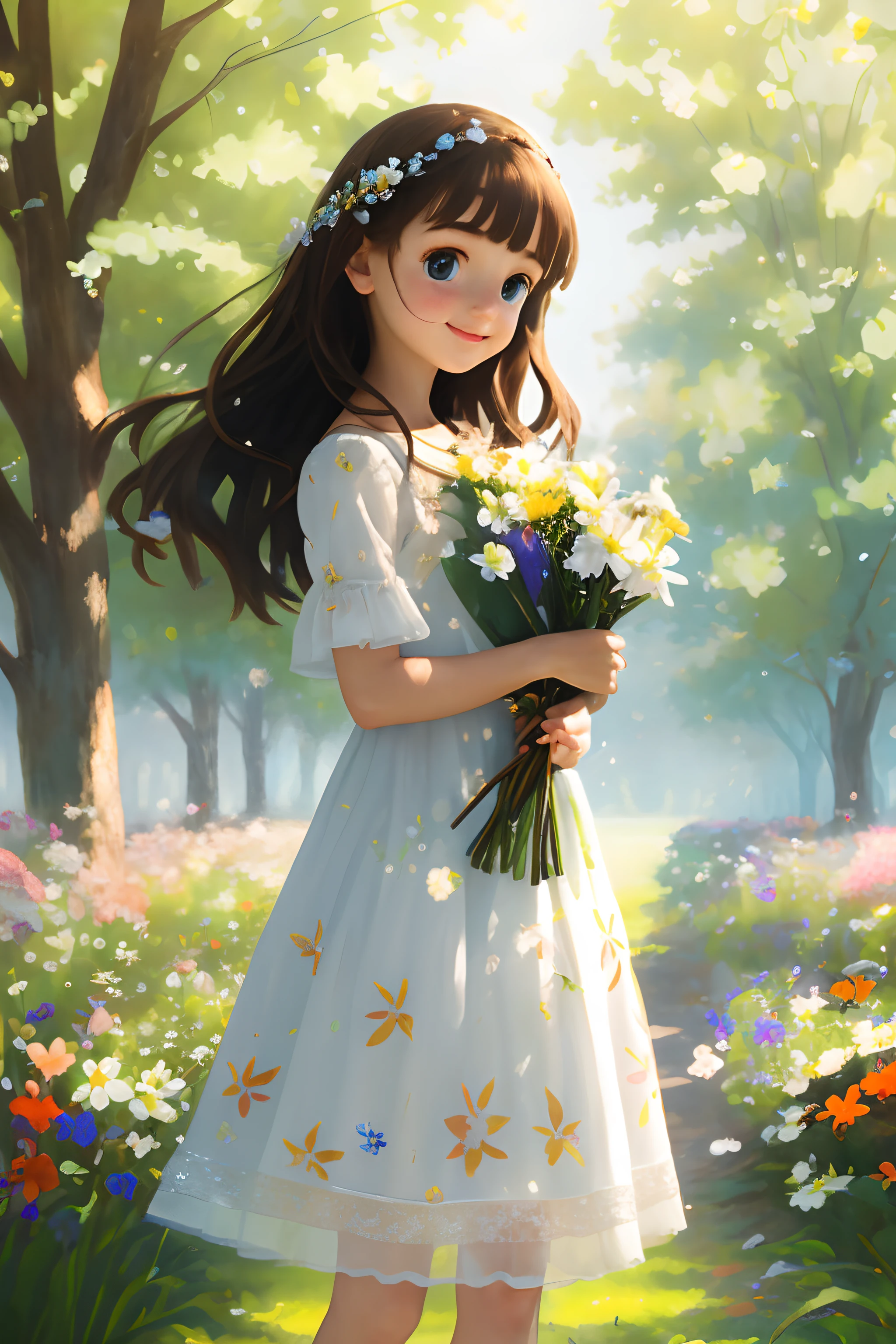 Super realistic, best quality, masterpiece, ultra high res, photorealistic, a cute firl, (white dress with flowers print), holding flowers in hands, freckles, playful, happy, smiling, detaild skin, skin pores, garden with trees and flowers and grass, sunlight, warm light, fuzzy light, mist, intricate details, long shot