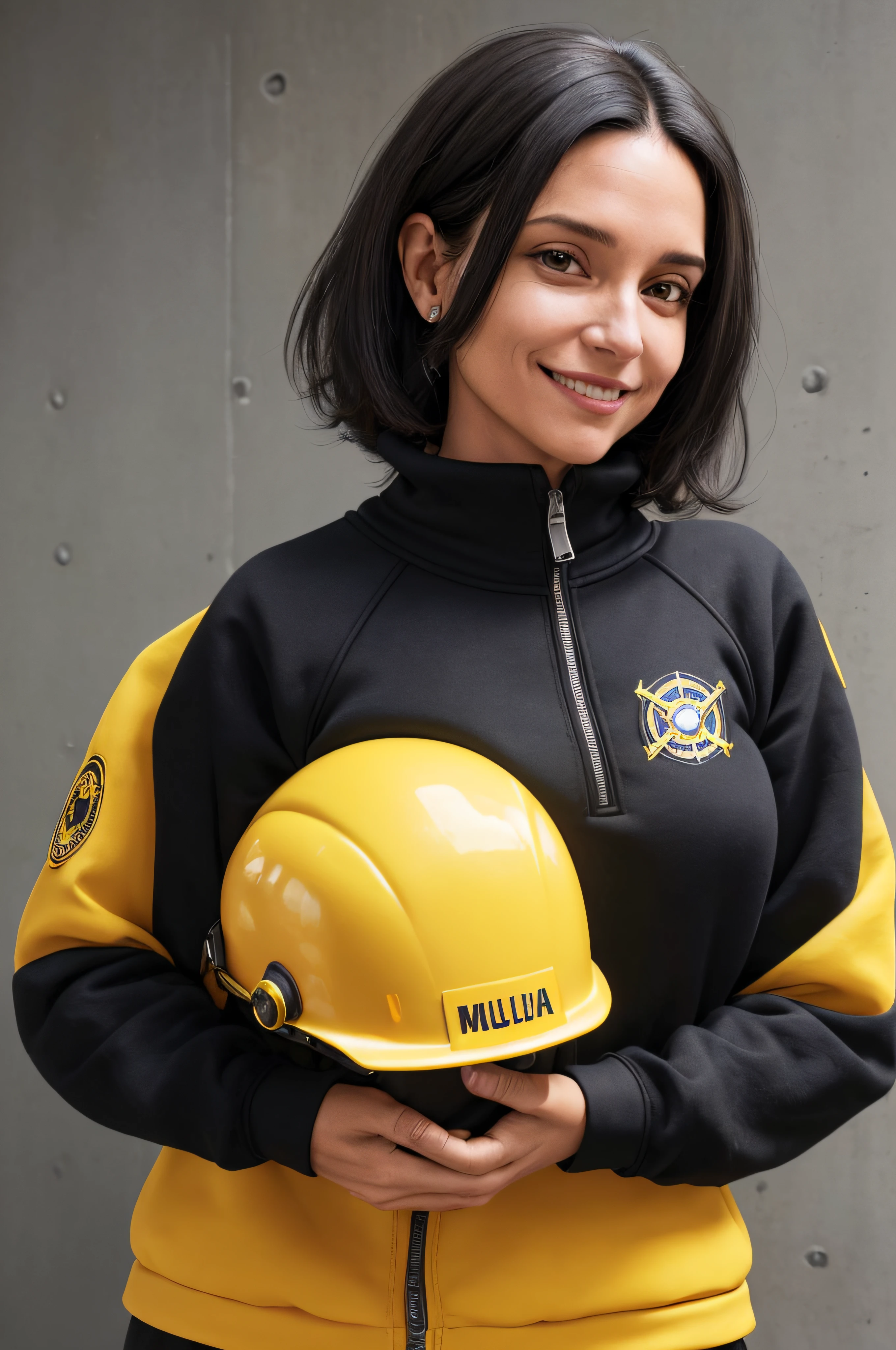 Mulher branca olhando para frente, cabelo amarrado, Occupational Safety Technician, 35 anos, sorrindo, 170 cm de altura, 62 Kg, Black sweatshirt with zipper, holding a yellow safety helmet, Medium Plane Photo, estilo Pixar, semi realista, fundo branco