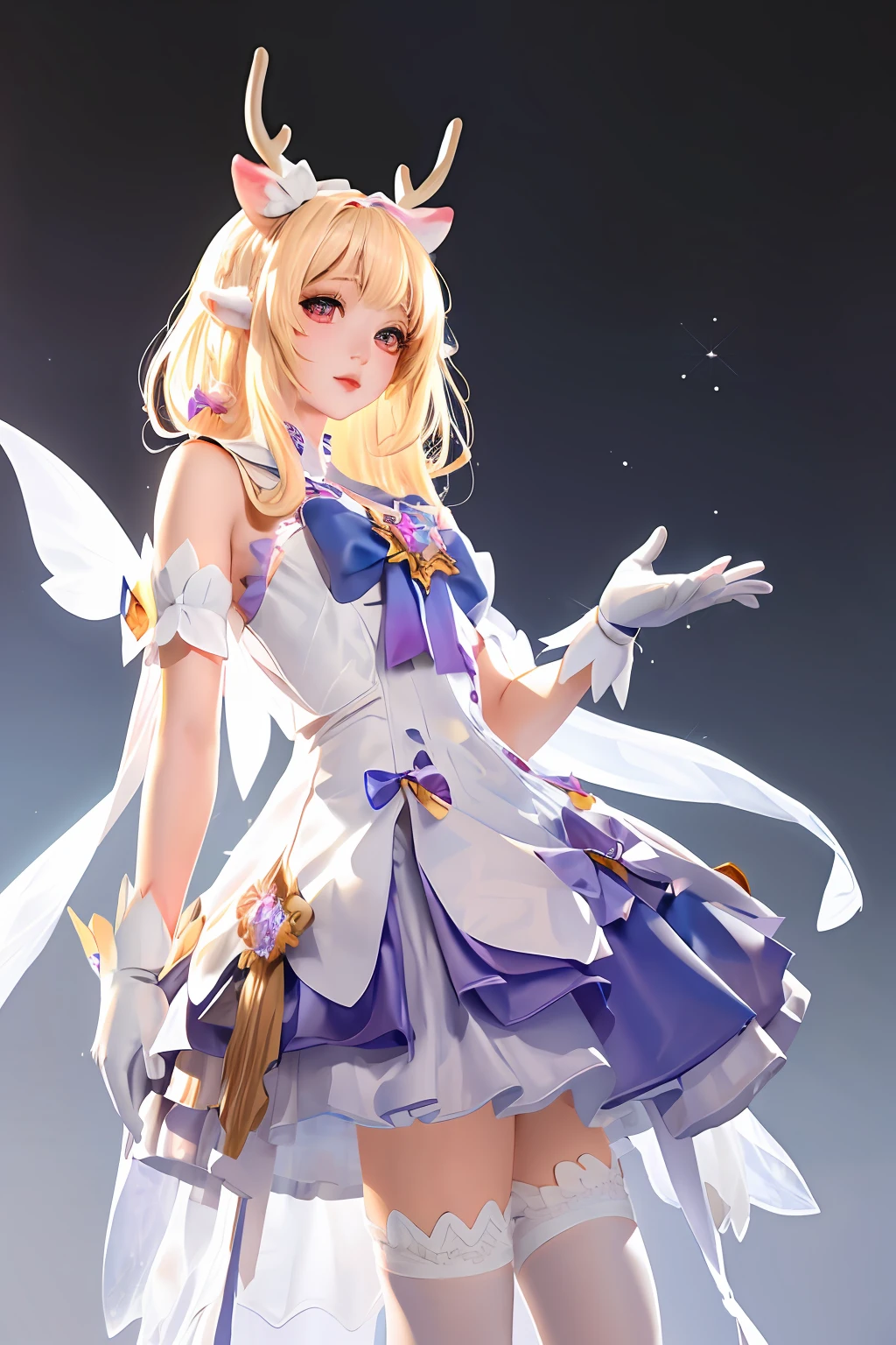 ((Very detailed CG)),1girll,Masterpiece,exquisiteCGrendering,(High detail skin:1),Smooth skin,Super high resolution,Sparkling eyes,Perfect body,Feminine body,Refined facial features,mitts, White_mitts, dress, White_legwear, Solo,  Blonde_Hair,deer antlers
>