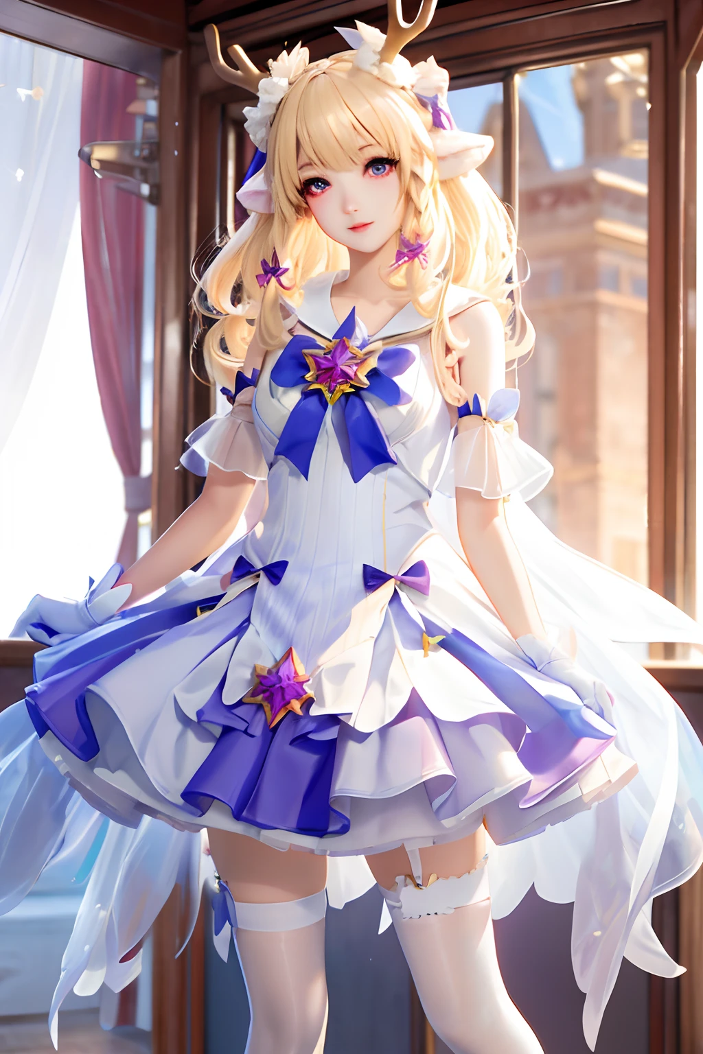 ((Very detailed CG)),1girll,Masterpiece,exquisiteCGrendering,(High detail skin:1),Smooth skin,Super high resolution,Sparkling eyes,Perfect body,Feminine body,Refined facial features,mitts, White_mitts, dress, White_legwear, Solo,  Blonde_Hair,deer antlers
>