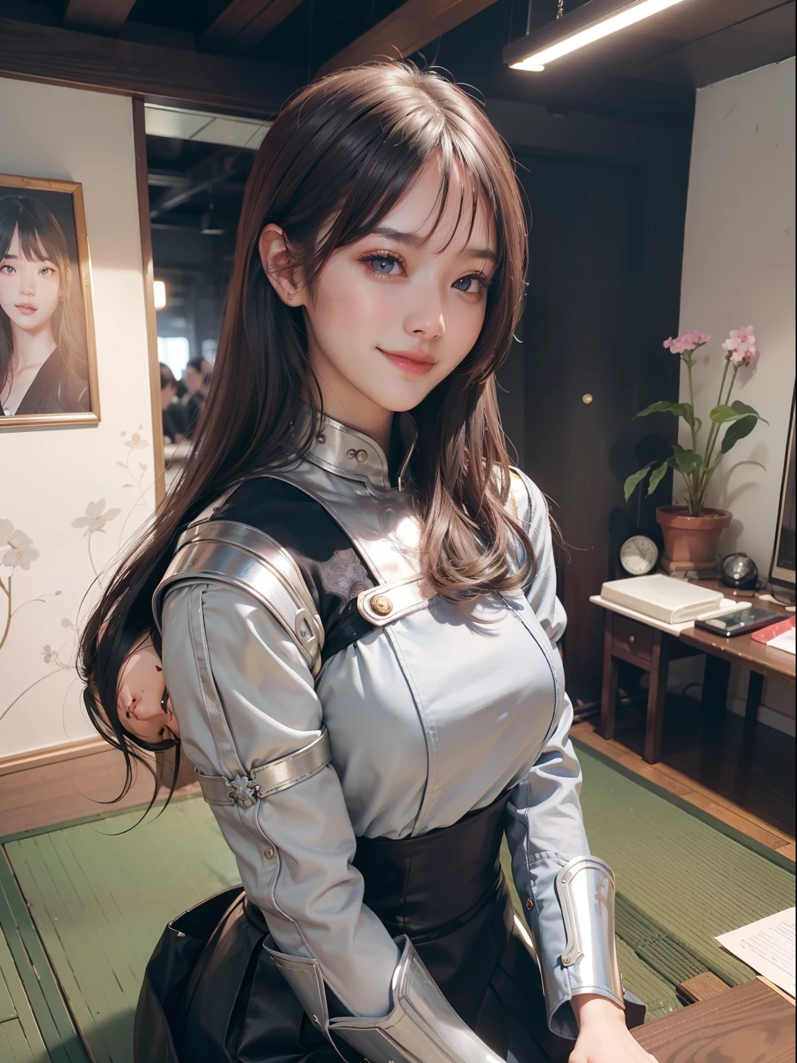 Masterpiece, 1 Beautiful Girl, Detailed, Swollen Eyes, Top Quality, Ultra High Resolution, (Reality: 1.4), Original Photo, 1Girl, Cinematic Lighting, Smiling, Japanese, Asian Beauty, Korean, Clean, Super Beautiful,  Young Face, Beautiful Skin, Slender, Cyberpunk Background, (ultra realistic), (high resolution), (8K), (very detailed), (best illustration), (beautifully detailed eyes), (super detailed), (wallpaper), (detailed face), viewer looking, fine detail, detailed face, pureerosfaceace_v1, smiling, 46 point slanted bangs, looking straight ahead, neat clothes, black colored eyes, silver armor, armor, short navy blue skirt, hair color red, body facing front,
