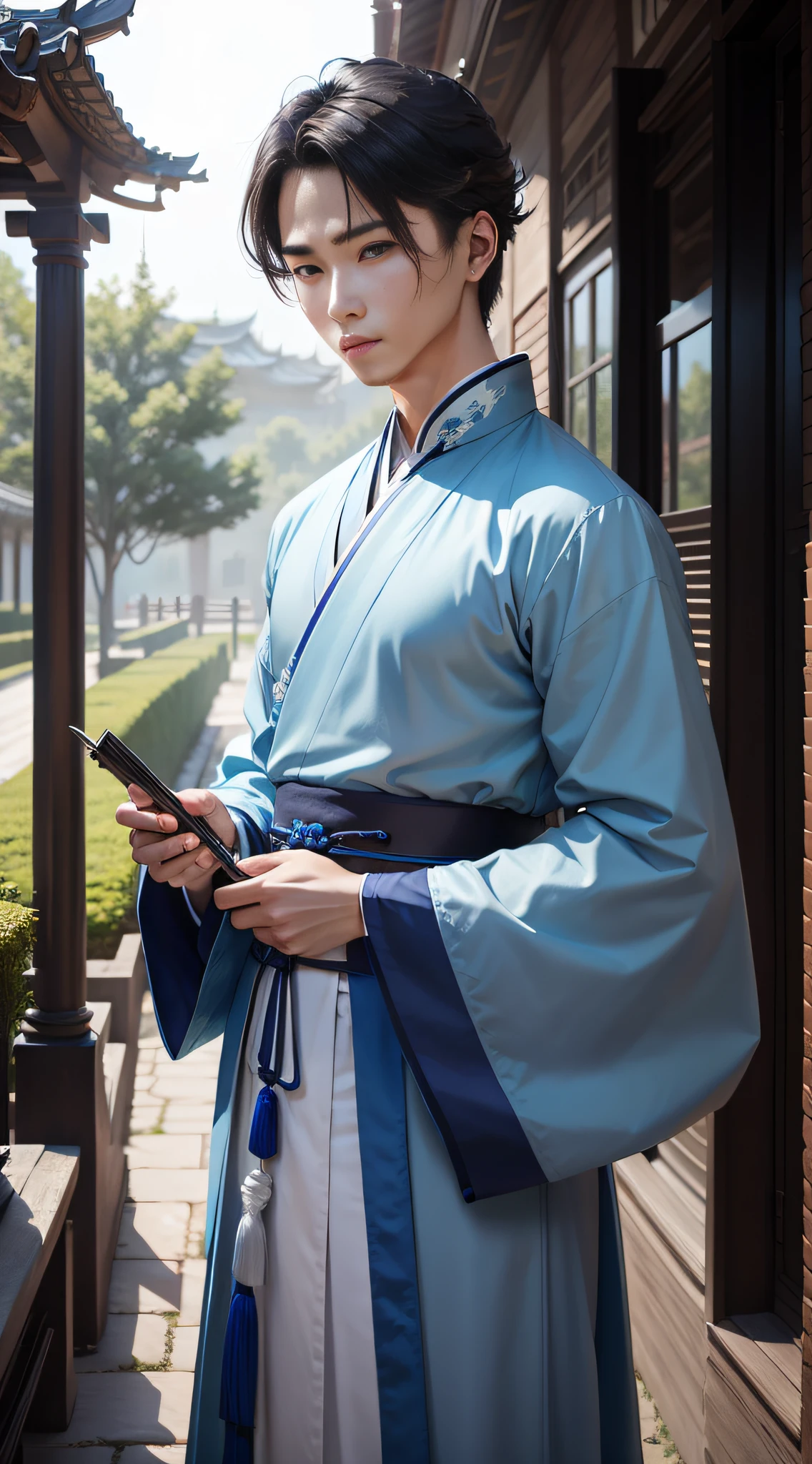 blue colors，Ancient wind，Libido boy，Hanfu，elegant，k hd
