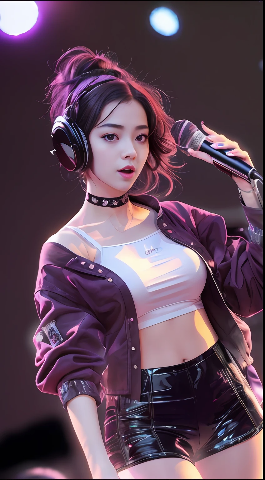 ((The background is a concert:1.6)),((spotlight lights:1.6)),((Face lighting:1.3)),((Top quality, 8K, Masterpiece: 1.3)),((Downward view:1.5)),cinmatic lighting,full bodyesbian,entire character,Long legs,Beautiful girl concert,tmasterpiece,8K,high definition resolution,cinmatic lighting,theater,lamplight,perform,Teenage idol,((microphones:1.5)),Concert,performance,Fashionable clothes,singers,idoly,com rosto detalhado, ((Ultra-detailed)),((Delicate face)),(high light,Gradient hair), GSHea,Look at the viewer, ((Distant view)), Strong light and shadow, Cinema lenses,tmasterpiece,Super quality,theater stage,Beautiful girl singing through microphone, Wear stage costumes, singing on stage,Stylish lenses,beuaty girl, Junior Star, Wear crop tops, he is a rockstar, regal pose, Pop rock punk style,tmasterpiece,8K,high definition resolution,cinmatic lighting,theater,lamplight,perform,teens girl,((microphones)),Concert,performance,tightsuit,singers,idoly,cropped shoulders,Bare thighs,hyperdetailed face, Detailed eyes, 二重まぶた,((Ultra-detailed)),((Delicate face)), Beautiful detailed eyes, (high light,Gradient hair),Long hair, Floating hair, GSHea,The eye,Genshin_impact,Look at the viewer, ((Distant view)), Strong light and shadow, Cinema lenses,tmasterpiece,Super quality,theater stage,real silk,18yr old,Big eyes,A woman in a white tights holds a microphone and sings on stage, inspired by Vanessa Beecroft, wearing white straitjacket, Korean concerts, Inspired by Hajime Sorayama, singing on stage, style of hajime sorayama, Wearing white tights, wearing bodysuit,Stylish lenses