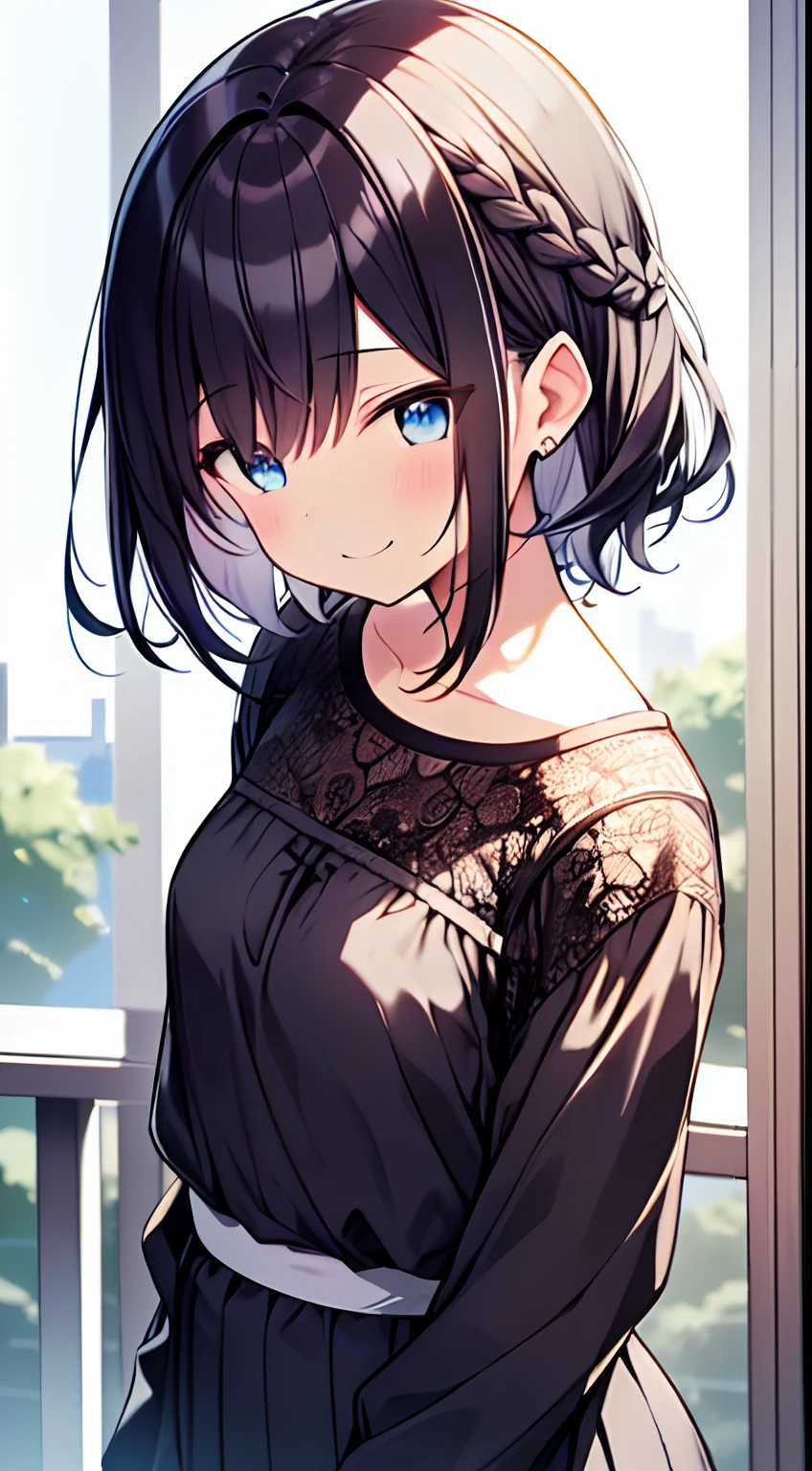 masutepiece, Best Quality,Illustration, Wallpaper, Ultra Detail, 1girl in,Solo,Beautiful detailed eyes,Very thick contour lines、Medium Short-Cut Hair、Short, Braided hair、(student clothes)、Dark hair color、A refreshing smile、Walking next door、Kamimei、Overlooking angle:1.2、small head