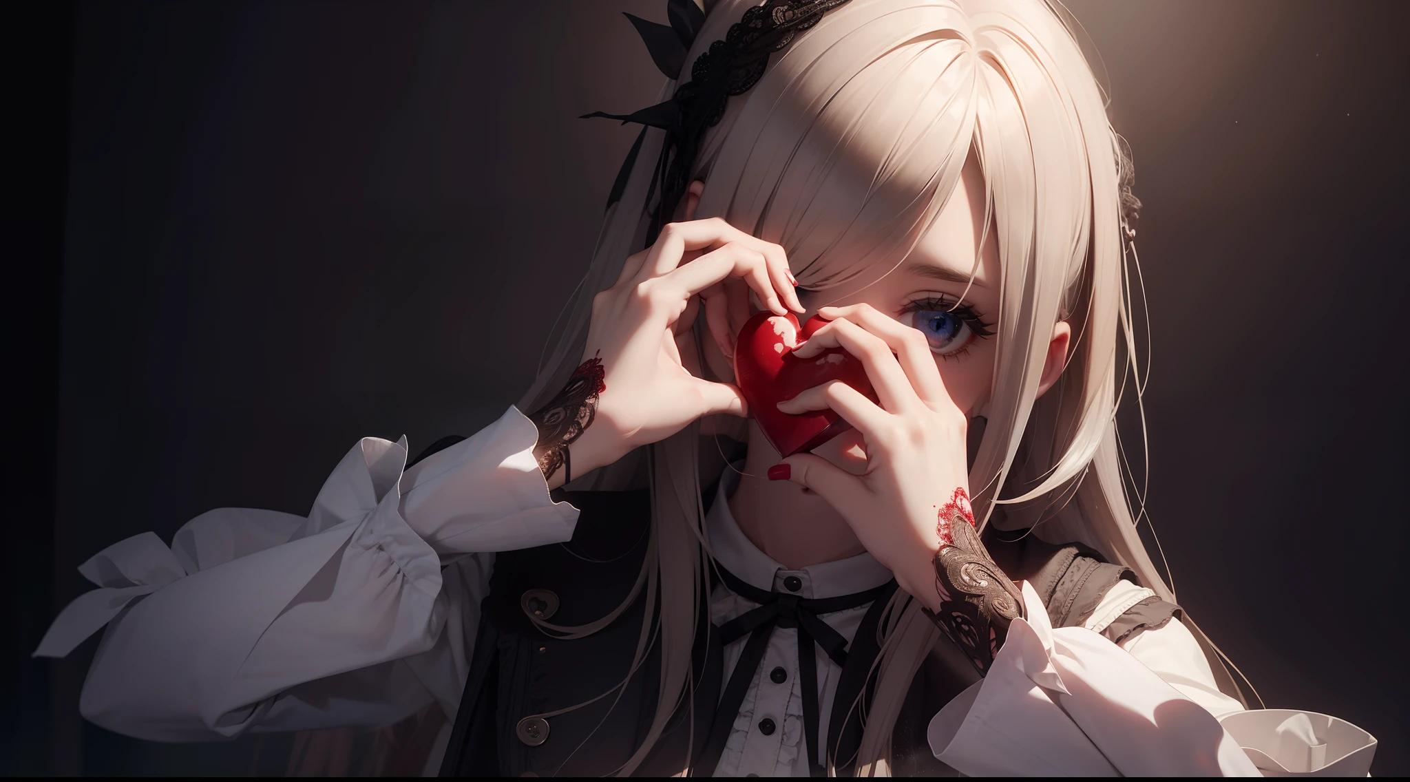 the girl is holding a HUMAN real heart in her hands, a real anatomical heart, blood flows down her hands, one of her hands looks like a bone, dark lighting, dark fantasy, SAD