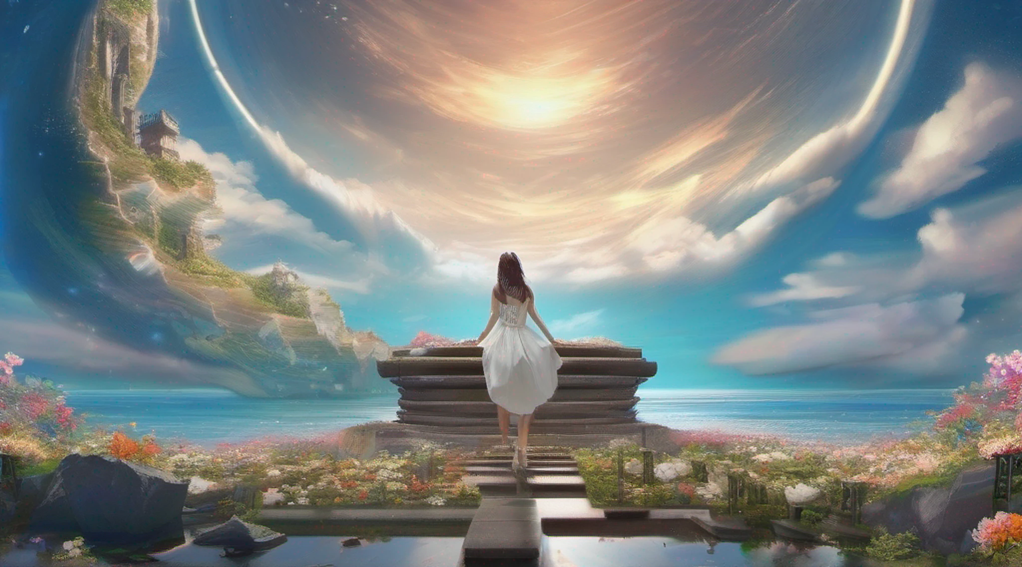 ccurate, best quality, masterpiece, UHD, high details, award winning, (Amazing:1.1), (Surrealism), Conceptual art, Verism, cinematic lighting, panorama, beautiful high school girl, (17 yr old), ((((full body)))), from behind, without looking at me, (((wearing school uniform))), black eyes, black hair, (floating hair), ((8 life size)), detailed hairstyles, detailed bodyline, anatomically correct, (((she is lost in a surreal world of dreamlike landscapes))), A floating island in the sky, ruins street, shallow sea, Horizon, ((beautiful Blue sea)), blue sky, paradise scenery, flowers, wind flow, (((fantasy))), frontier, (magnificent space),
