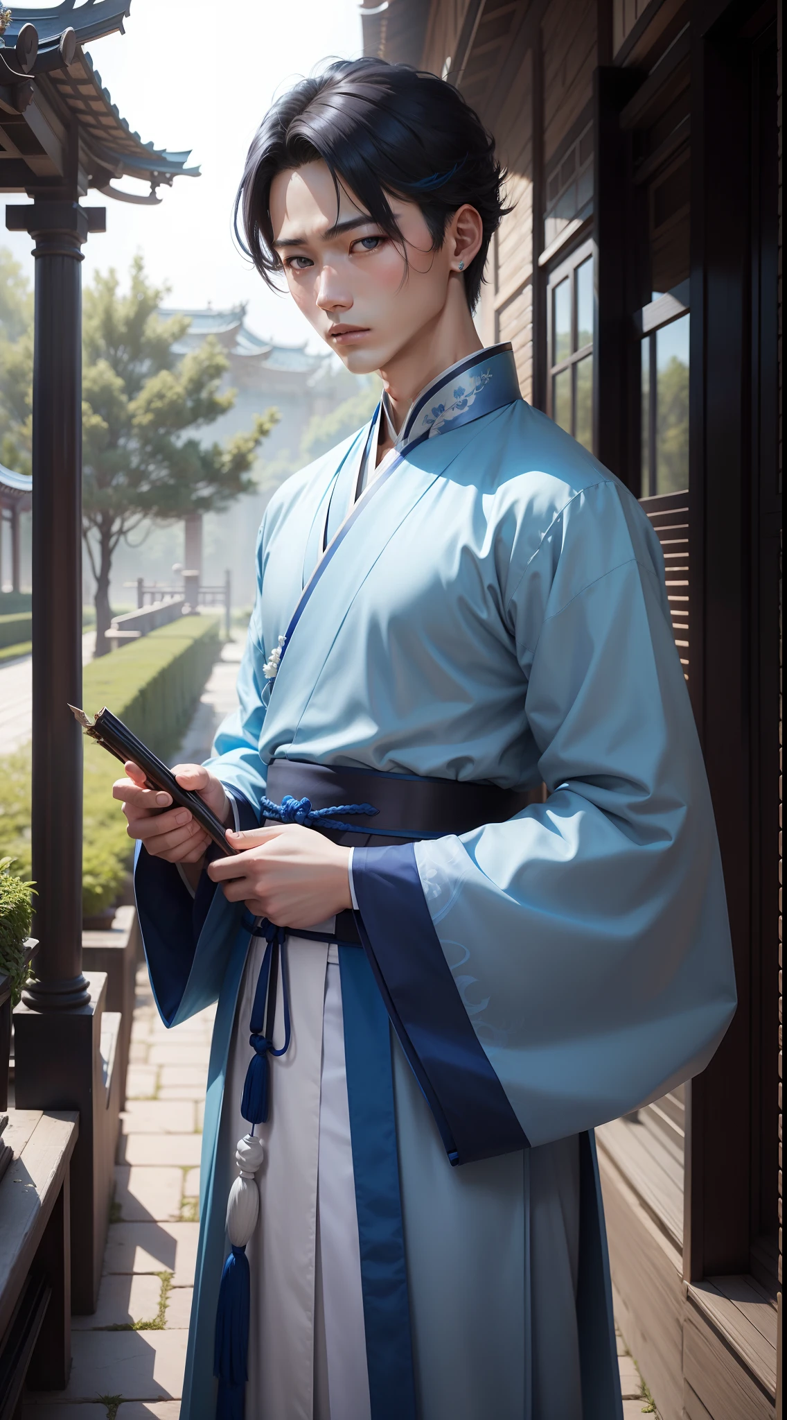 Masterpiece,Best quality,A high resolution,Gufeng Boy,Upper body,Abs, chest muscle,Open the tulle coat,Hanfu