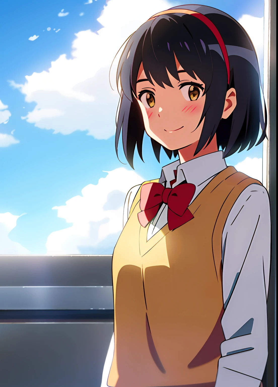 shinkai makoto, kimi no na wa., 1girl, bangs, black hair, blue sky, blush, bow, bowtie, brown eyes, cloud, collared shirt, hair ribbon, hairband, looking at viewer, negative space, outdoors, red bow, red bowtie, red hairband, red ribbon, ribbon, school uniform, shirt, short hair, sky, smile, solo, sweater vest, upper body, vest, white shirt, yellow sweater vest, yellow vest