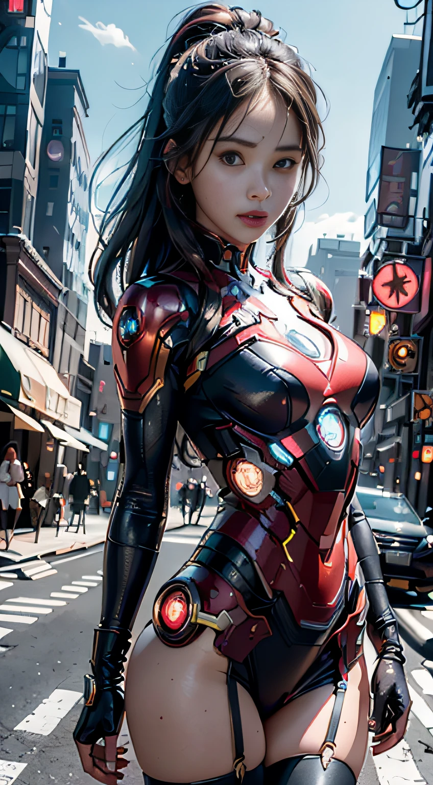 8K，realisticlying，Glamorous，The is very detailed，A 20-year-old girl, a sexy and charming woman, inspired by Iron Man，Wearing a shiny Iron Man dress。She dresses to show sexiness and confidence，It perfectly interprets the power and charm of Iron Man。In a cyberpunk-style night view of the city，A sexy and charming woman with an actor-playing theme for Iron Man。She wears a shiny Iron Man dress，Stand on a street lined with tall buildings。The night view of the city is brightly lit，Reflected on her mech，It adds a sense of futuristic technology。The surrounding buildings and streets are full of cyberpunk elements，Like neon lights、High-tech installation and futuristic architectural design。The whole scene is full of futuristic and sci-fi atmosphere。This one is high definition、High-quality images will give you a stunning visual enjoyment，Will be sexy、Futuristic and sci-fi elements are a perfect combination。oc rendered，dramatic lights，Award-winning quality