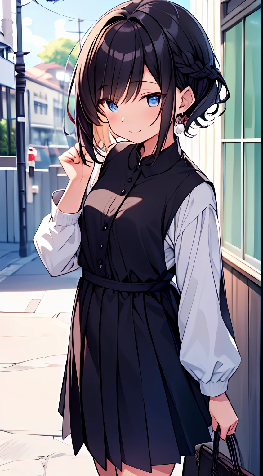 masutepiece, Best Quality,Illustration, Wallpaper, Ultra Detail, 1girl in,Solo,Beautiful detailed eyes,Very thick contour lines、Medium Short-Cut Hair、Short, Braided hair、(student clothes)、Dark hair color、A refreshing smile、Walking next door、Kamimei、Overlooking angle:1.2、small head