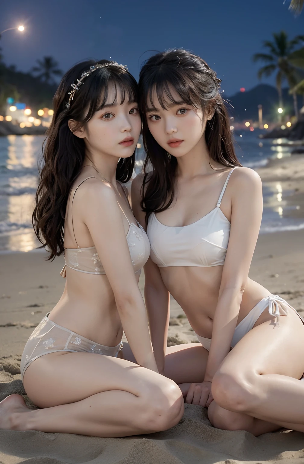 (Two Chinese stars with the style of royal sisters,duo,caressing the,Kissing),(((On the beach))), ((Best quality, 8K, Masterpiece: 1.3)), Focus: 1.2, Perfect body beauty: 1.4 , (funny expression), (Night Street: 1.3), Highly detailed face and skin texture, Fine eyes, Double eyelids, Whitens the skin, (Air bangs: 1.3), (face round: 1.5), (Thin strap top: 1.4),