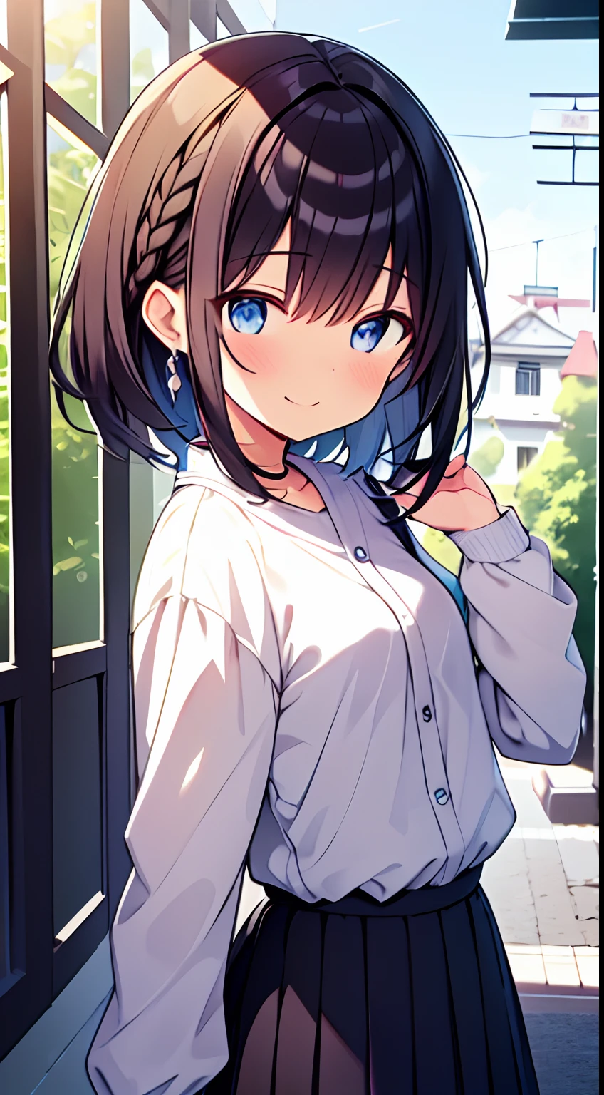 masutepiece, Best Quality,Illustration, Wallpaper, Ultra Detail, 1girl in,Solo,Beautiful detailed eyes,Very thick contour lines、Medium Short-Cut Hair、Short, Braided hair、(student clothes)、Dark hair color、A refreshing smile、Walking next door、Kamimei、Overlooking angle:1.2、small head