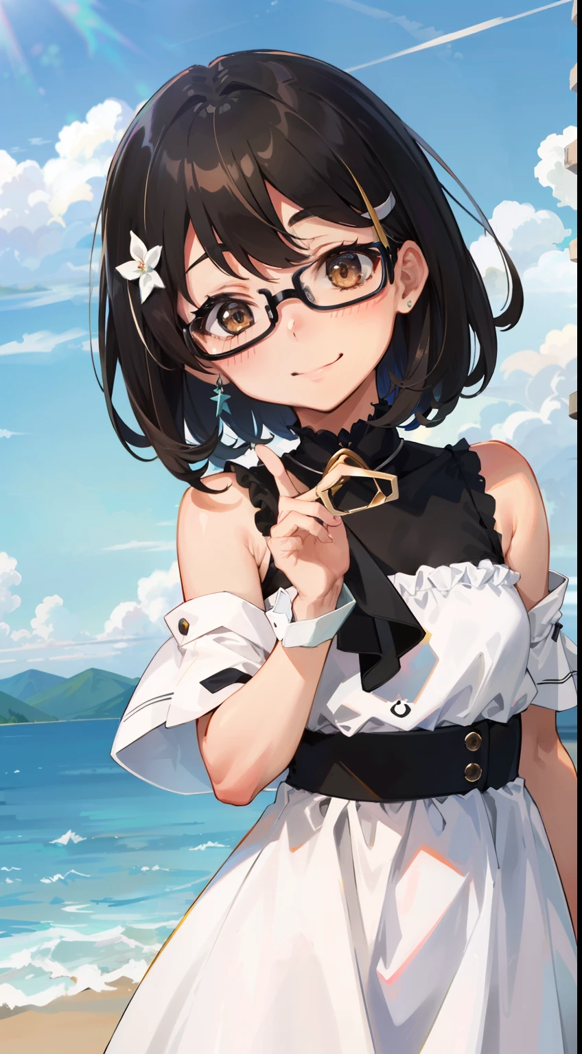 (masutepiece, Best Quality, Capture super cute moments, depth of fields, ultra-detailliert, Ultra High Resolution, C4D, Octadale, 3D Modeling, 8K, 16 K, girl with、a junior high school student、A dark-haired、short-hair、straight haired、Light brown eyes、hair adornments、wearing black glasses、A smile、cute  face)、valley、Swan Lake