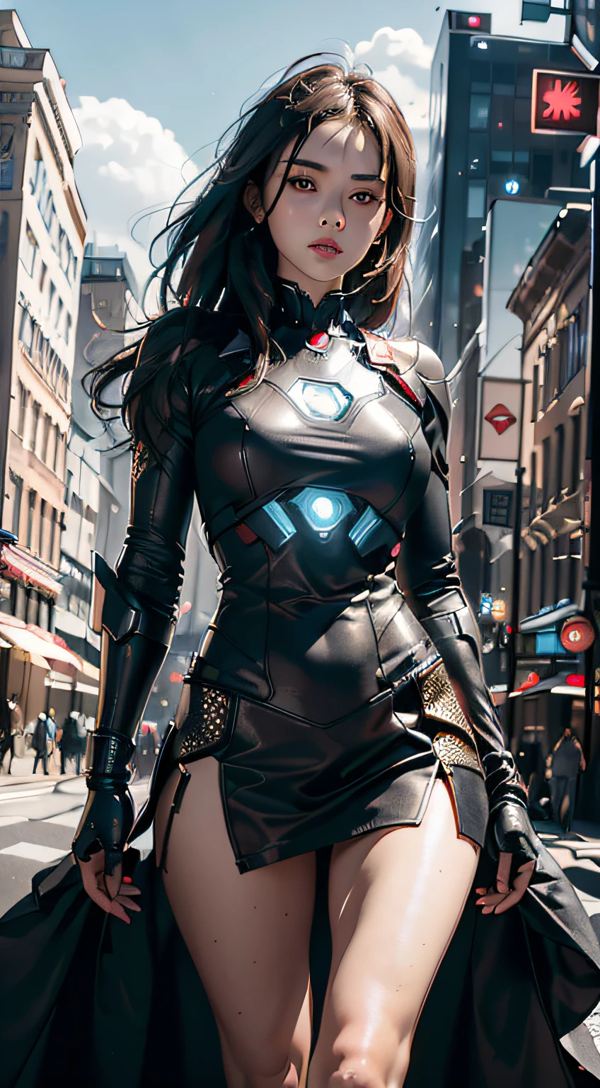 8K，realisticlying，Glamorous，The is very detailed，A 20-year-old girl, a sexy and charming woman, inspired by Iron Man，Wearing a shiny Iron Man dress。She dresses to show sexiness and confidence，It perfectly interprets the power and charm of Iron Man。In a cyberpunk-style night view of the city，A sexy and charming woman with an actor-playing theme for Iron Man。She wears a shiny Iron Man dress，Stand on a street lined with tall buildings。The night view of the city is brightly lit，Reflected on her mech，It adds a sense of futuristic technology。The surrounding buildings and streets are full of cyberpunk elements，Like neon lights、High-tech installation and futuristic architectural design。The whole scene is full of futuristic and sci-fi atmosphere。This one is high definition、High-quality images will give you a stunning visual enjoyment，Will be sexy、Futuristic and sci-fi elements are a perfect combination。oc rendered，dramatic lights，Award-winning quality
