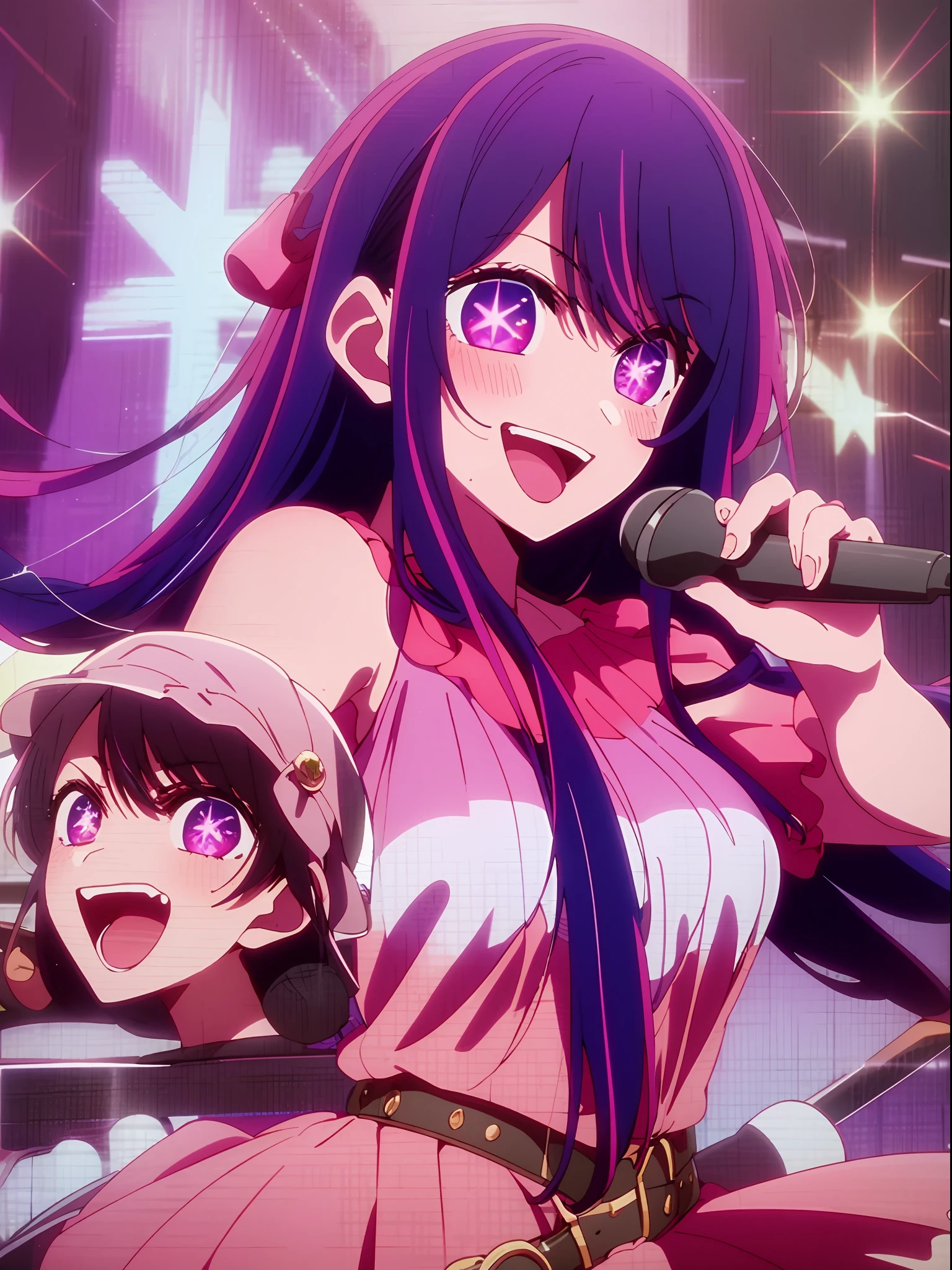 masterpiece、ighly detailed、(1 girl in:1.2)、purple color hair、pink dress、big eye、a closeup、A smile、8K、Ai Hoshino、Live performance venue、