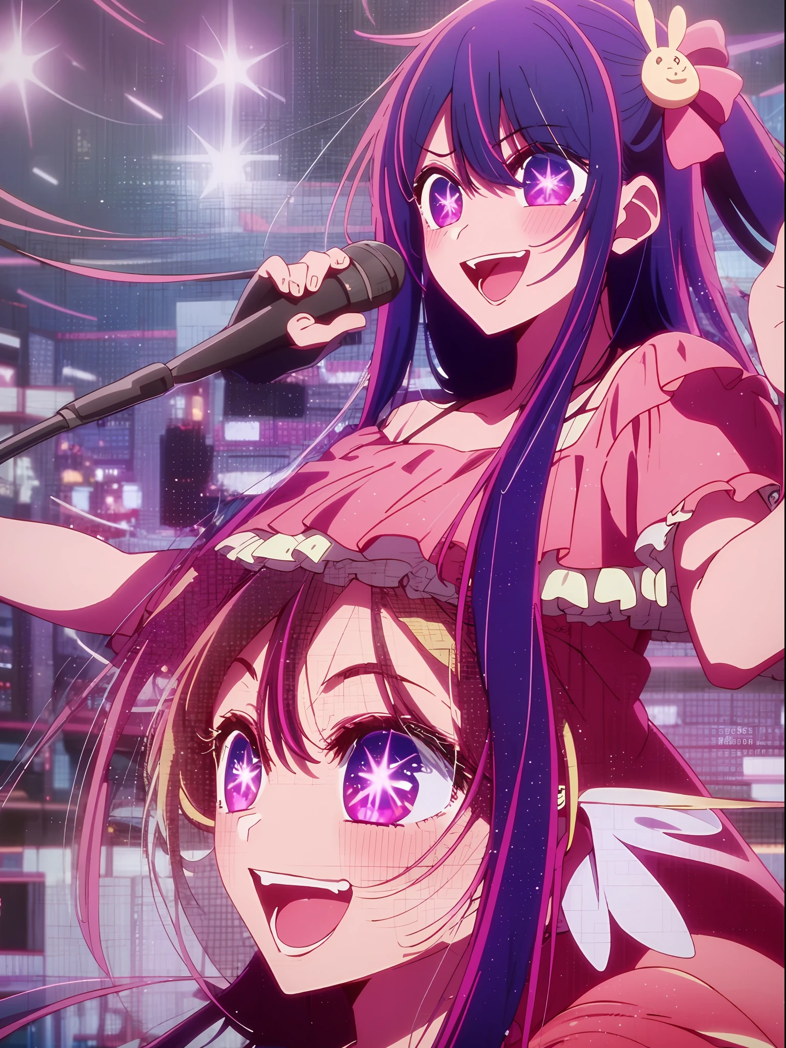 ​masterpiece、ighly detailed、(1 girl in:1.2)、purple color  hair、pink  dress、big eye、a closeup、A smile、8K、Ai Hoshino、Live performance venue、
