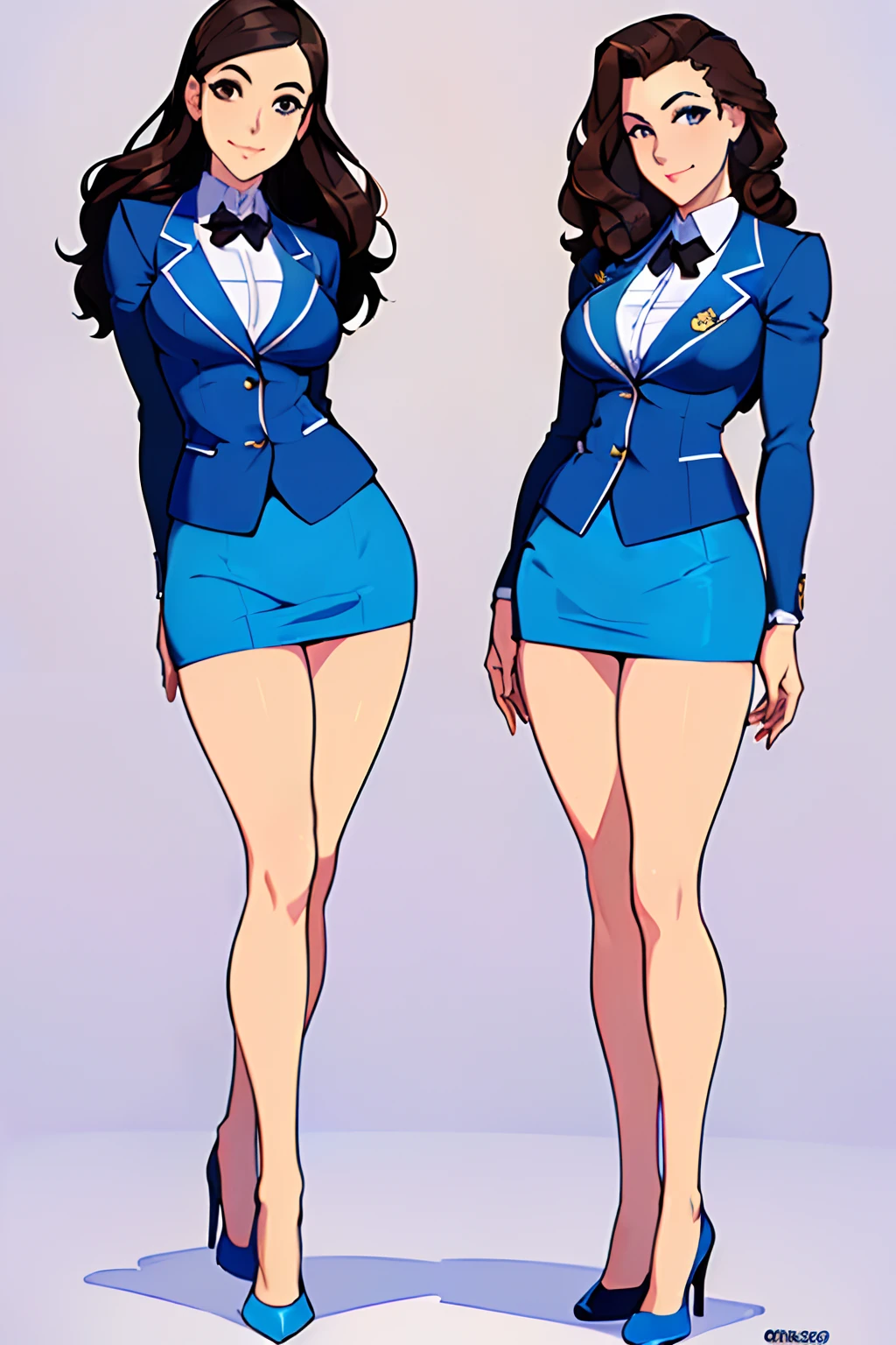 ((masterpiece, best quality, 8k, highres:1.2)), blue skirt suit, highleg, hazel eyes, blue blazer, blue pencil skirt, bare legs, black high heels, (brown hair, curly hair, long hair), (2girls, duo, twins, clones), ((matching hairstyles, matching faces, matching outfits))