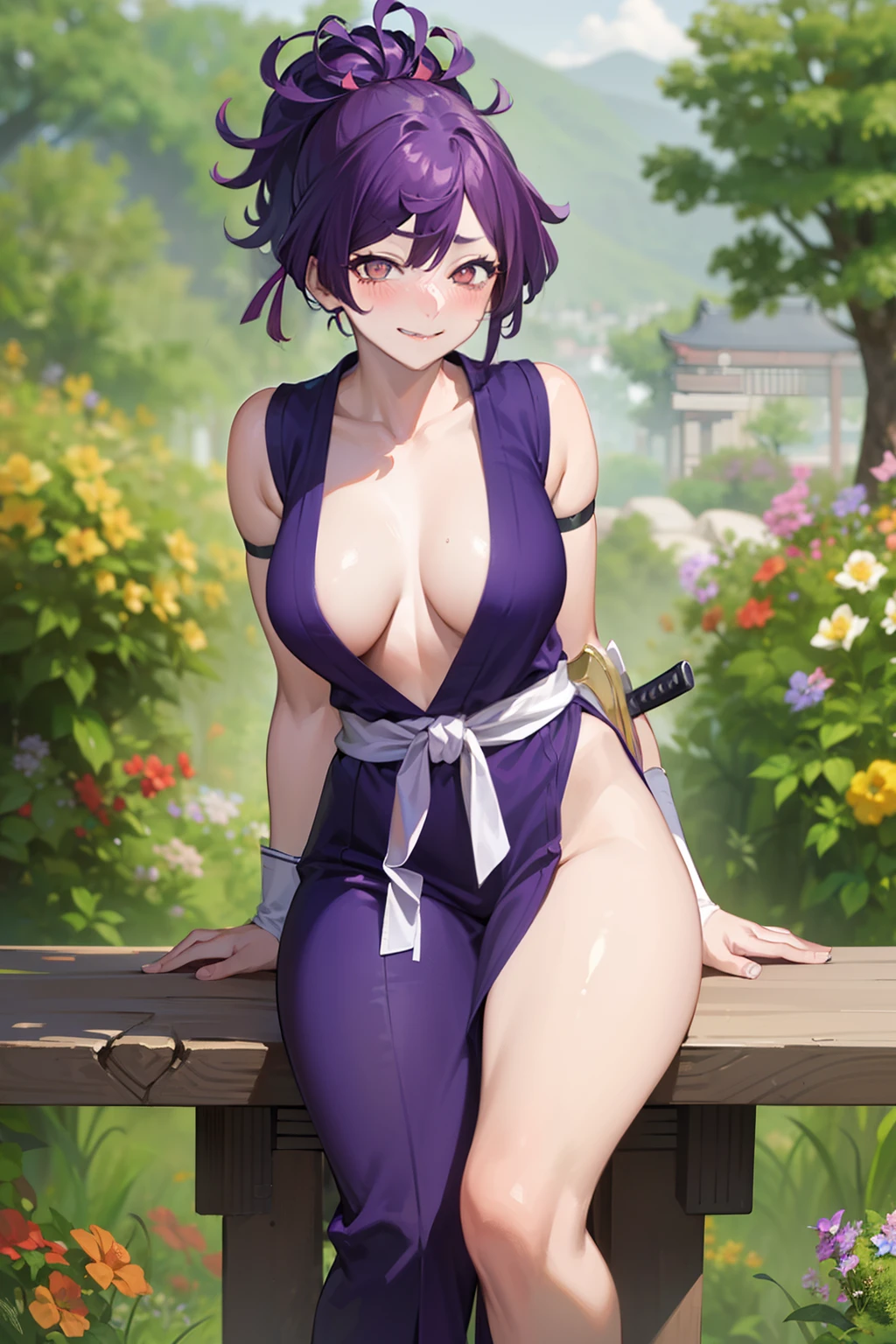 best quality, masterpiece, (leaning over:1.2), 1girl, yuzuriha_(jigokuraku), purple hair, brown eyes, ninja, open clothes, cleavage, small breasts, topknot, medium hair, breasts apart, seductive smile, (blush:1.1), japanese exterior, temple, sengoku period town, town (NSFW 1.1)