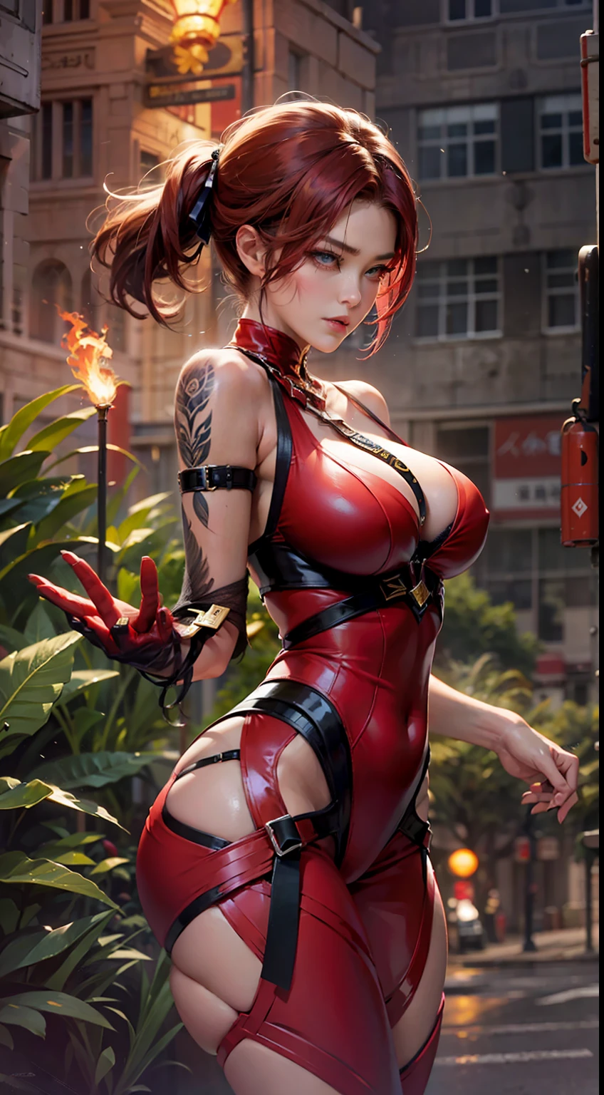 A Japanese woman walking in the city，Buildings，A plant，ssmile，Mixed Korean，The background is blurred out，focal，电影灯光，(((tmasterpiece))), ((best qualtiy)), ((Complex and detailed)), ((ultra-realistic realism)), Ridiculous resolution, A MILF, Mature woman, ssee-through, highly  detailed, illustratio, 1girll, (huge tit), Thin waist and thick hips，long leges，beatiful detailed eyes, short detailed hair, brunette color hair, a purple eye, (Crimson Viper costume:1.2)，Street Fighter crimson viper dressed up，Crimson Viper costume，Fight Crimson Viper，Crimson viper style，the game Street Fighter，The flame effect appears all over the body，（No underwear），pantiess, detailed back ground, perfect  eyes, Seductive eye, looking at viewert, From the front，Wear light，