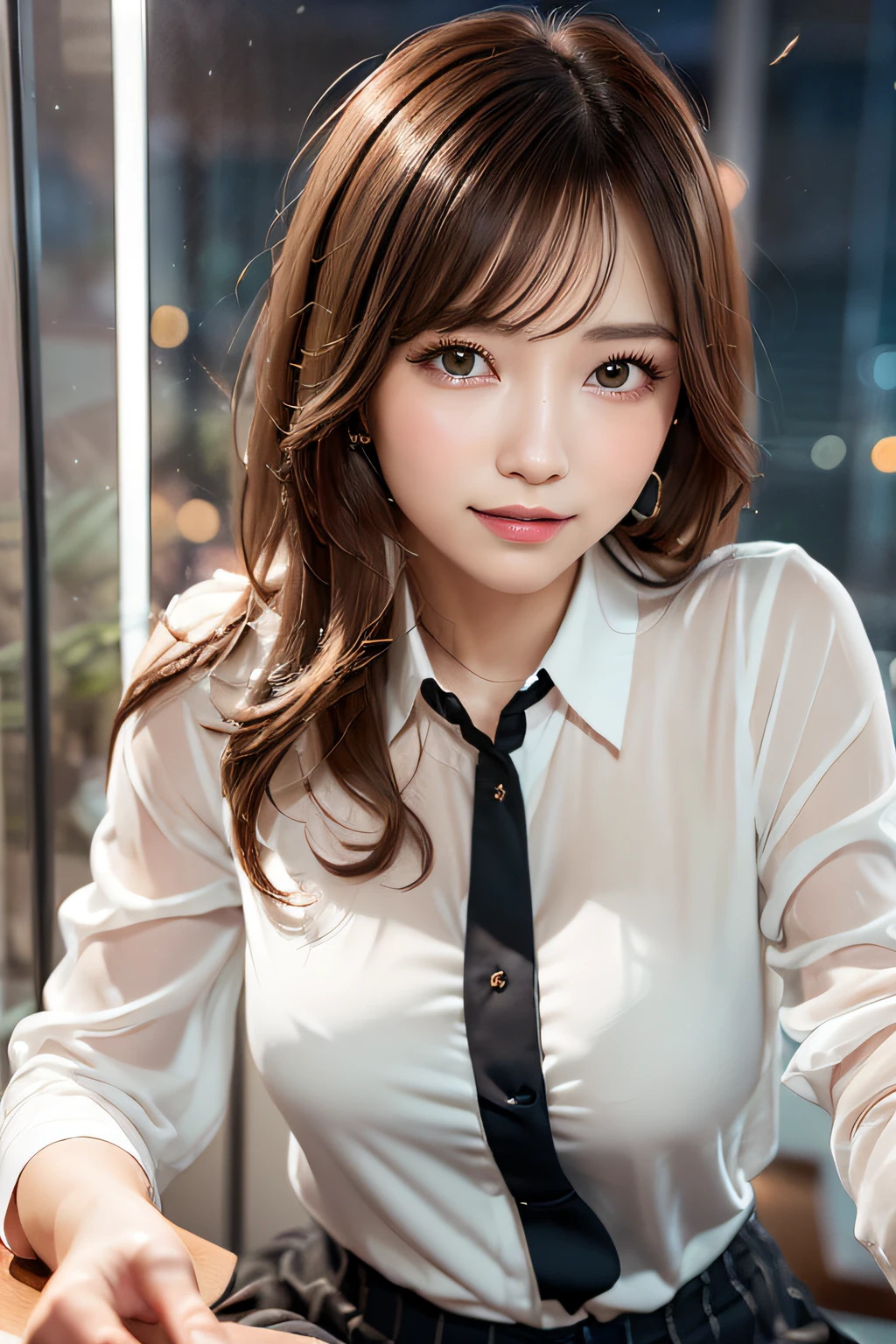 (masterpiece:1.3), high resolution, ultra detailed, extremely detailed CG unity 8k wallpaper, realistic, photo-realistic, RAW photo, beautiful detailed face, pale skin, realistic glistening skin, detailed cloth texture, detailed hair texture, Perfect body, Beautiful Face, accurate, Anatomically correct, Highly detailed face and skin texture, natural neck length, (beautiful hands), (fair skin:1.2), Thin legs, Thin feet,
BREAK,
Detailed eyes, symmetric eyes, Light Brown eyes, Double eyelids, Thin eyebrows, (Glossy lips:1.4), ((gently smile:1.2)), (blush:1.1),
BREAK,
(A Classy and Cute girl:1.3), (wearing a classy white Blouse:1.2), (orange long irregular hem skirt:1.2),
medium large breasts, (slender figure:1.1), firm abs,
(Dark blonde hair, wavy hair, long hair:1.2), ((asymmetrical bangs:1.2)),
BREAK,
((leaning against the desk with Whispering:1.3)),
((in the stylish office at night:1.4)), (Cowboy shot:1.2), looking at viewer, from front:0.65,
