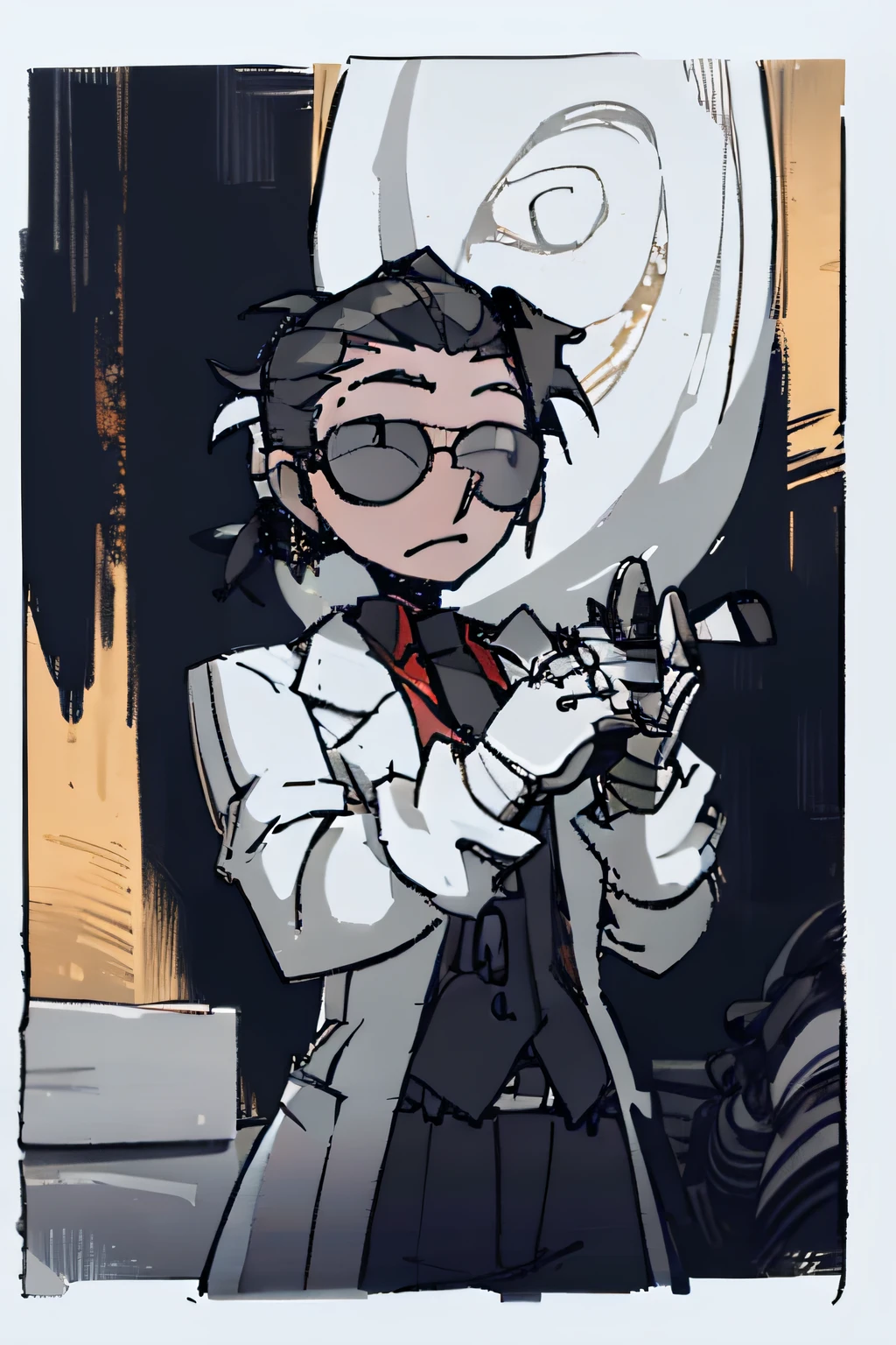 Masterpiece, Ultra Detail, Best Quality, High Resolution, High Quality, Animated Figures, High Definition Official Artwork, Clear Focus, Detailed Key Animated Art, 8K, Best Picture Quality, Poster 1 Close-Up, Man with Pistol, From Girl Front, Full Immortality, Ark, , ((Character Concept Art)), underboss, sunglasses, White suit, all-back black hair