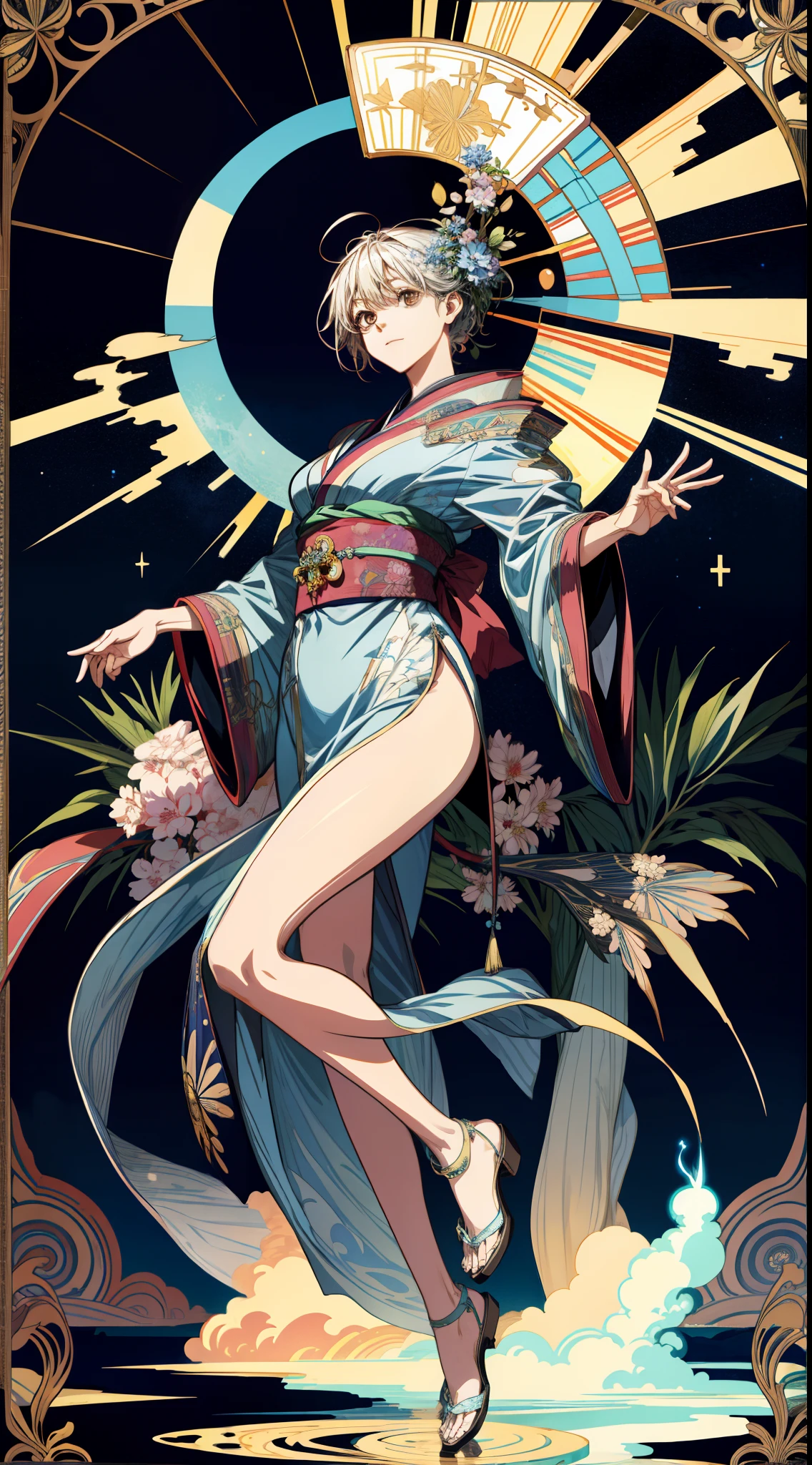 Ukiyo-e style　Walter Crane, Koloman Moser, animesque　wondrous　strange　Whimsical　Sci-Fi Fantasy　Wonder Travel　Yokai Mummy, Zashikiwarashi, Azuki Scale, Kappa, Nurari Hyon, Sazae Demon, Alien, Energy Thief, Time Rich, Girl Who Became a Butterfly