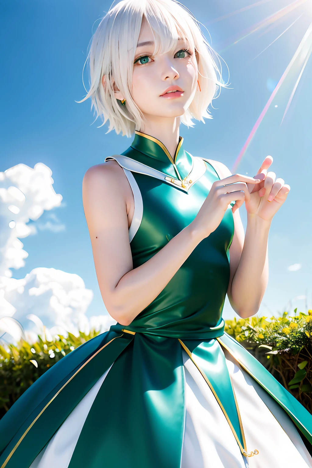 Best quality,tmasterpiece,Kizi,White hair,green-eyed,Duan,and the sun was shining brightly,shiny skins,sunflare