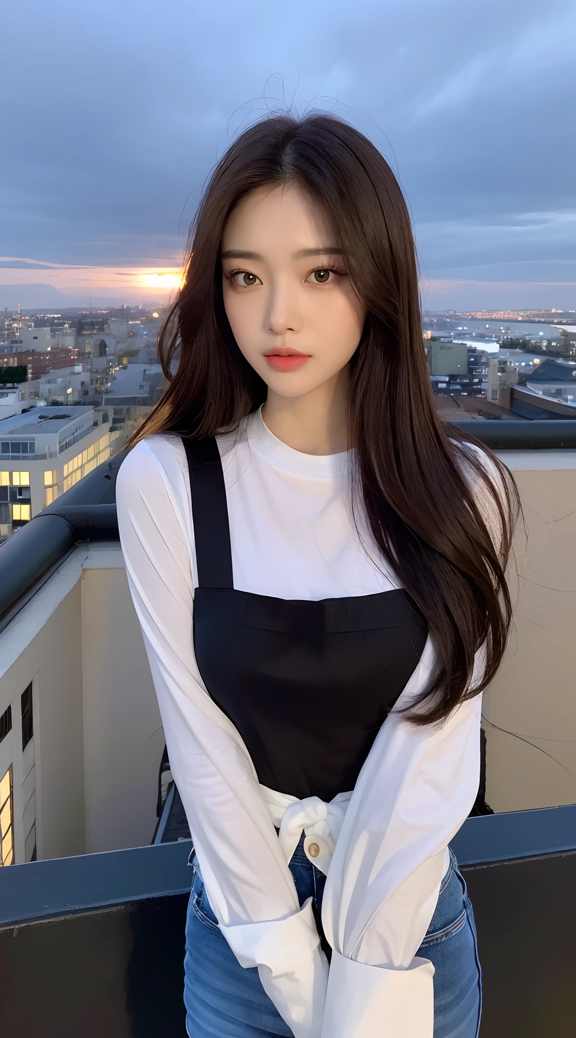 ((Midnight, Best quality, 8k, Masterpiece :1.3)), Whole body, Long legs, Sharp focus :1.2, A pretty woman with perfect figure :1.4, Slender abs :1.1, ((Dark brown hair, Big breasts :1.2)), (White tight tshirt, Jean bib, Standing:1.2), ((Night city view, Rooftop:1.3)), Highly detailed face and skin texture, Detailed eyes, Double eyelid