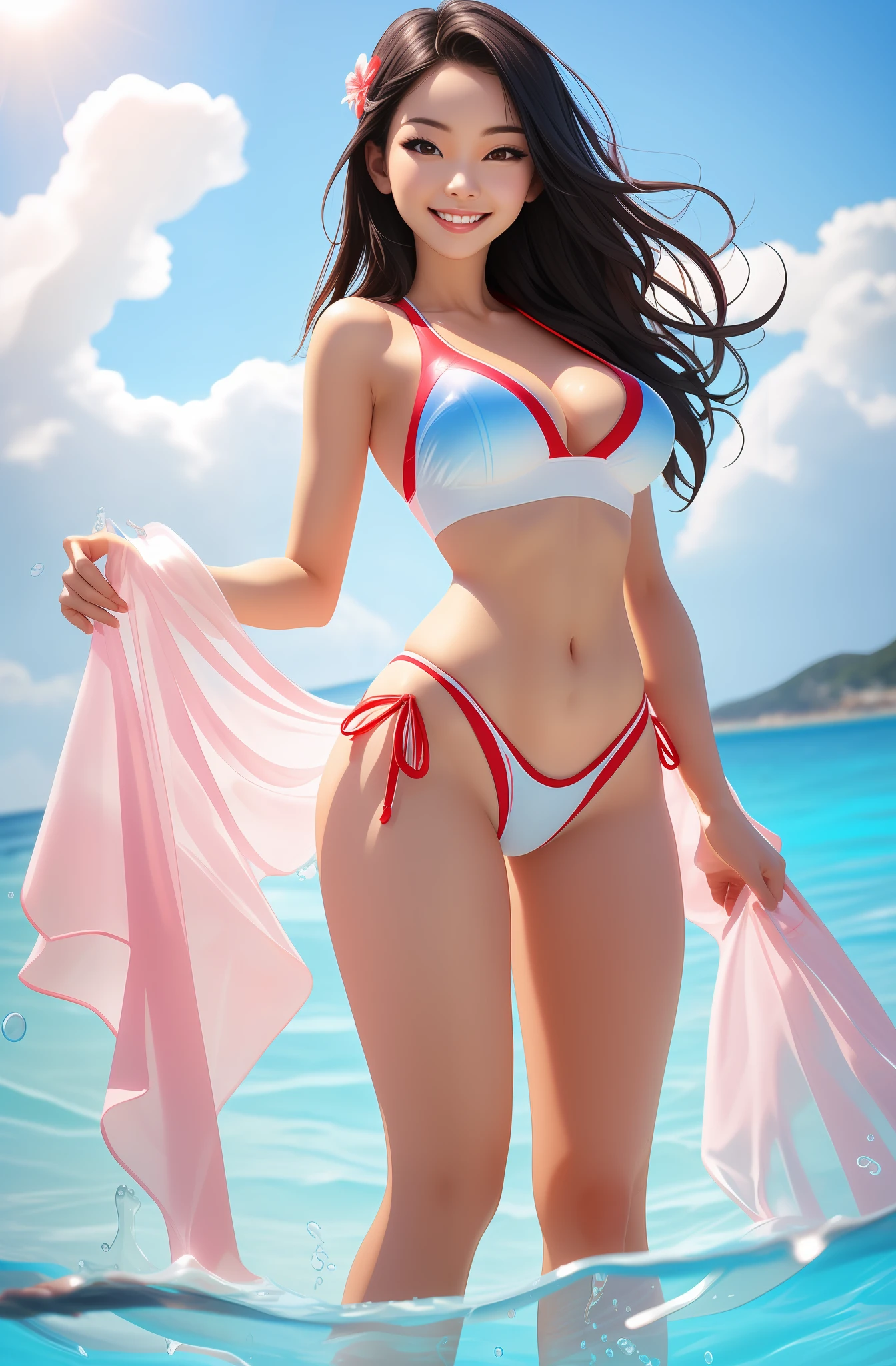 Seaside beauty,swim wears,Translucent clothes,Splashes,Sexy figure,Smile Expression,looks into camera,
