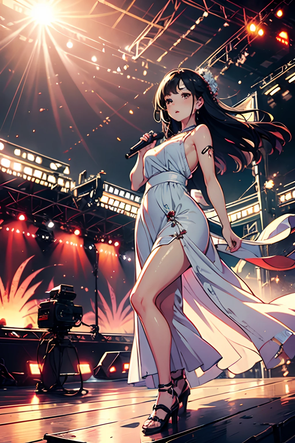 An Asian girl，Wear a sexy long dress，Sing on an open-air stage，Dense audience，In the distance is the setting sun，cinmatic lighting，depth of fields，in a panoramic view，lens flare glow，hyper HD，A high resolution，best qualtiy，filmposter