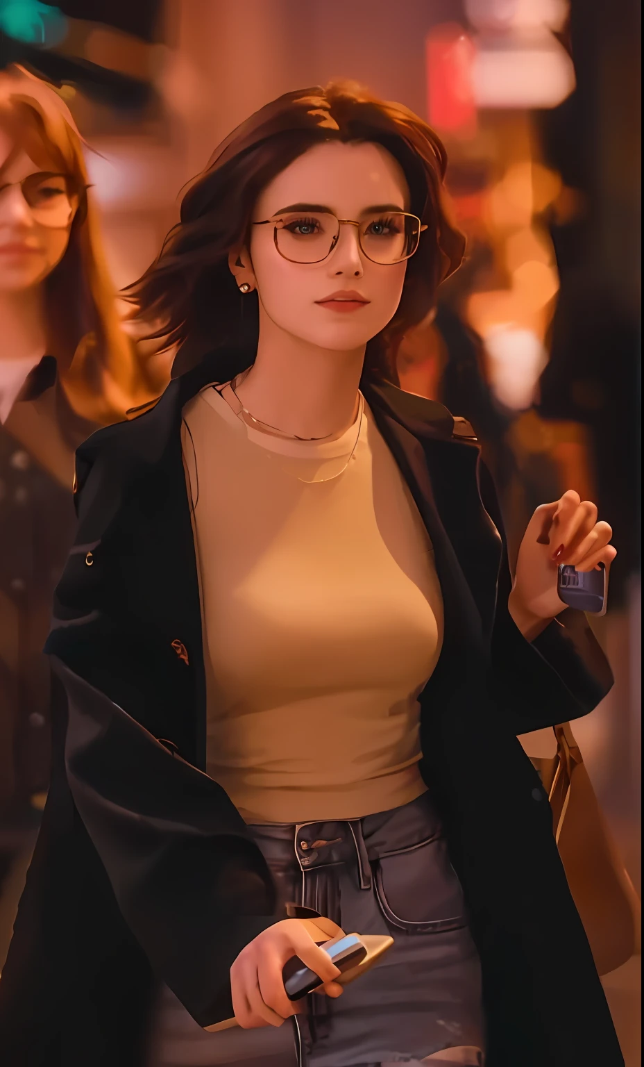 Woman with glasses walking down the street with mobile phone, young beautiful amouranth, she wears harry potter glasses, With glasses, her wardrobe is attractive, charlie bowater, wears glasses, a girl with round glasses, with square glasses, Lily Collins, Girl with glasses, 8K Artgerm bokeh, Casual pose, wearing thin large round glasses