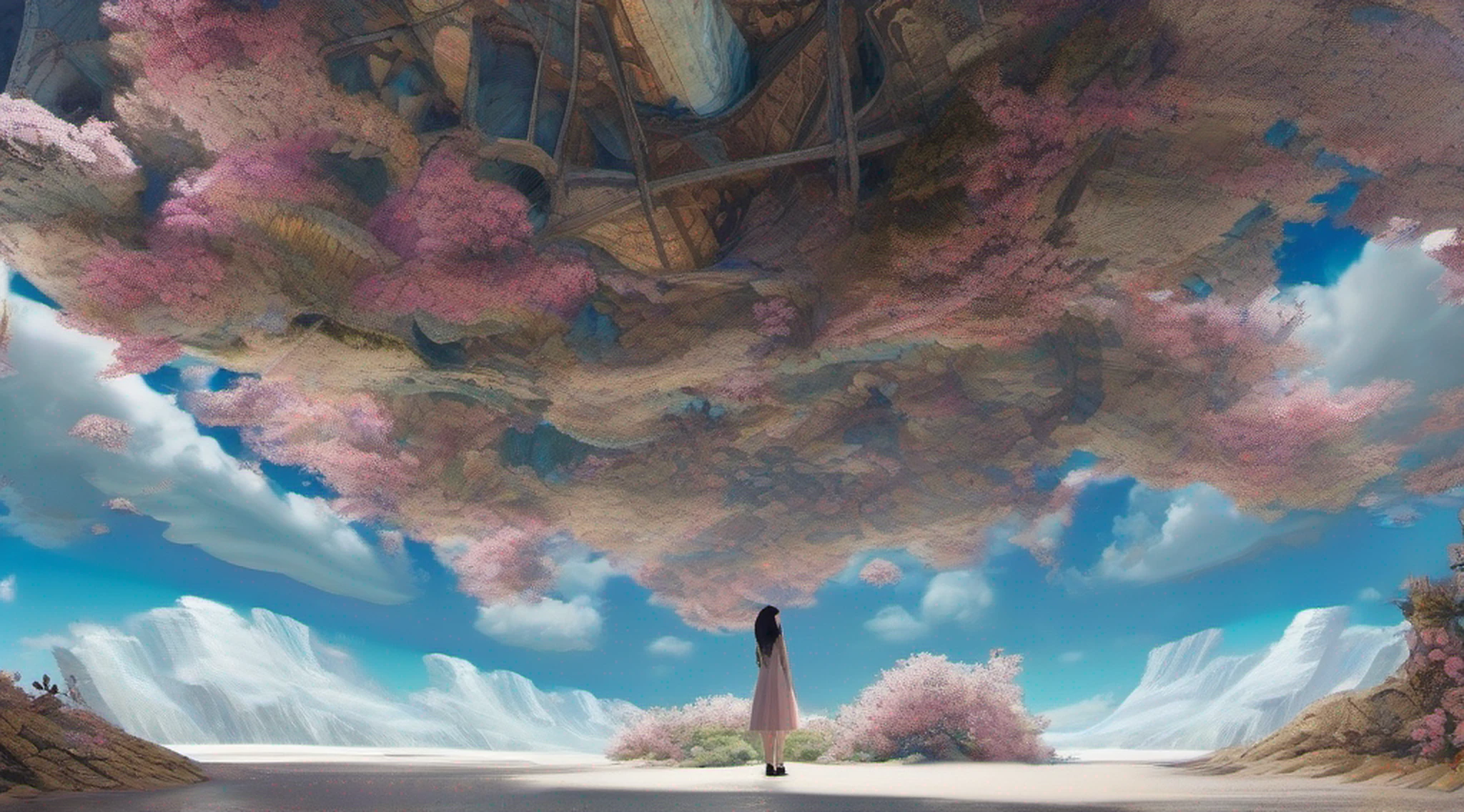 ccurate, best quality, masterpiece, UHD, high details, award winning, (Amazing:1.1), (Surrealism), Conceptual art, Verism, cinematic lighting, panorama, beautiful high school girl, (r old)(((full body)))), from behind, without looking at me, (((wearing school uniform))), black eyes, black hair, (floating hair), ((8 life size)), detailed hairstyles, detailed bodyline, anatomically correct, (((she is lost in a surreal world of dreamlike landscapes))), A floating island in the sky, ruins street, shallow sea, Horizon, ((beautiful Blue sea)), blue sky, paradise scenery, flowers, wind flow, (((fantasy))), frontier, (magnificent space),