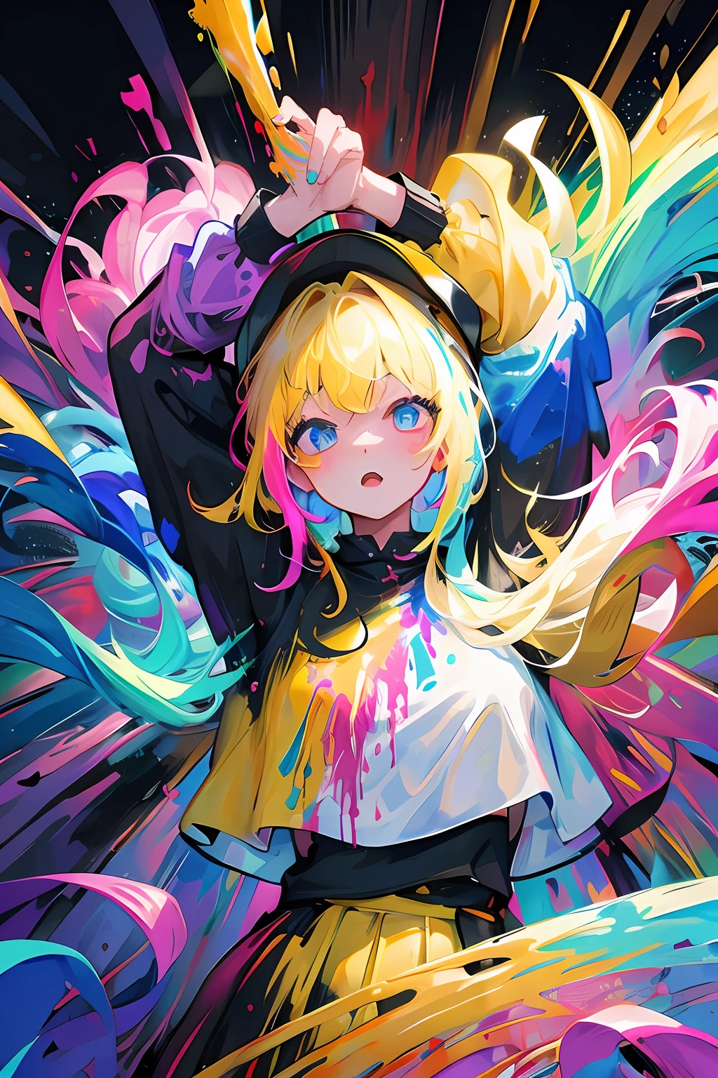 rainbow paint, a girl made entirely out of rainbow paint, entirely paint, 1girl, all rainbow paint, hdr, (intricate details, hyperdetailed:1.15), gorgeous lighting, rainbow, paint splatter, splashes, very rainbow, very colorful, neon, paint drops, rainbow paint background, colorful background