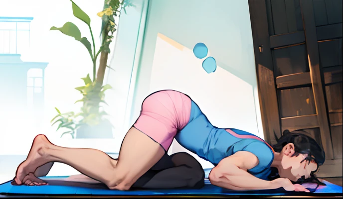 there is a hot man that is doing a yoga pose on a mat, marjaryasana and bitilasana, armfold pose!, symmetrical pose, back arched, lizard pose, yoga pose, lying dynamic pose, back pose, forward facing pose, bend over posture,, doing splits and stretching, squatting pose, frontal pose