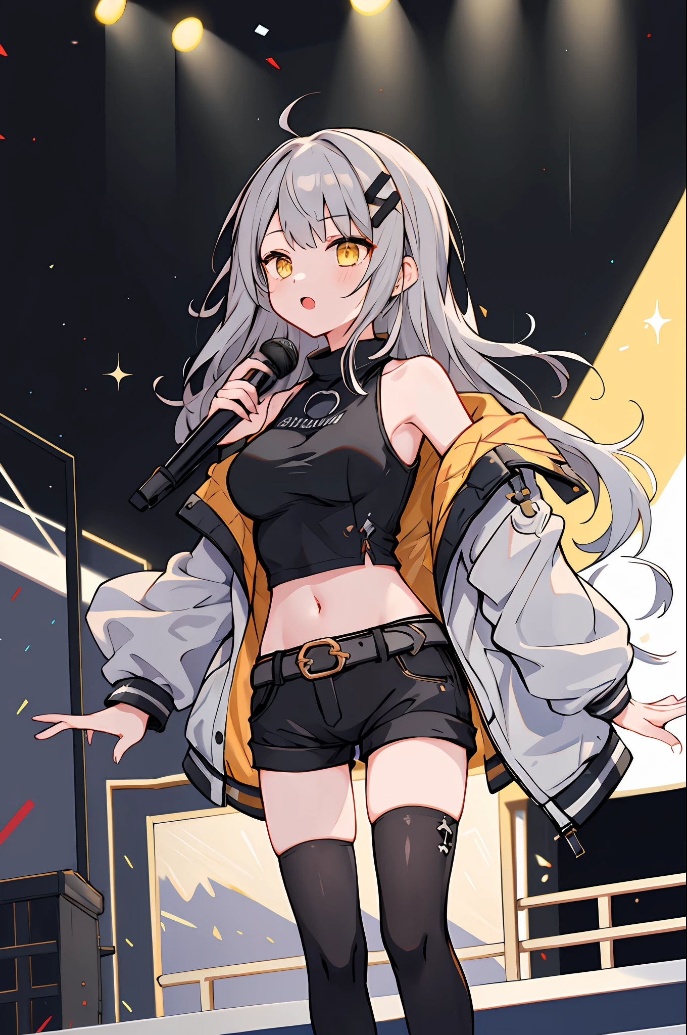 masterpiece, best quality, highres, masterpiece, best quality, highres, 1girl, solo, shorts, virtual youtuber, yellow eyes, single thighhigh, thighhighs, long hair, navel, jacket, midriff, grey hair, crop top, off shoulder, black shorts, breasts, hair ornament, black shirt, black thighhighs, short shorts, shirt, belt, open clothes, bangs, bare shoulders, black jacket, medium breasts, sleeveless, on the stage, holding microphone,