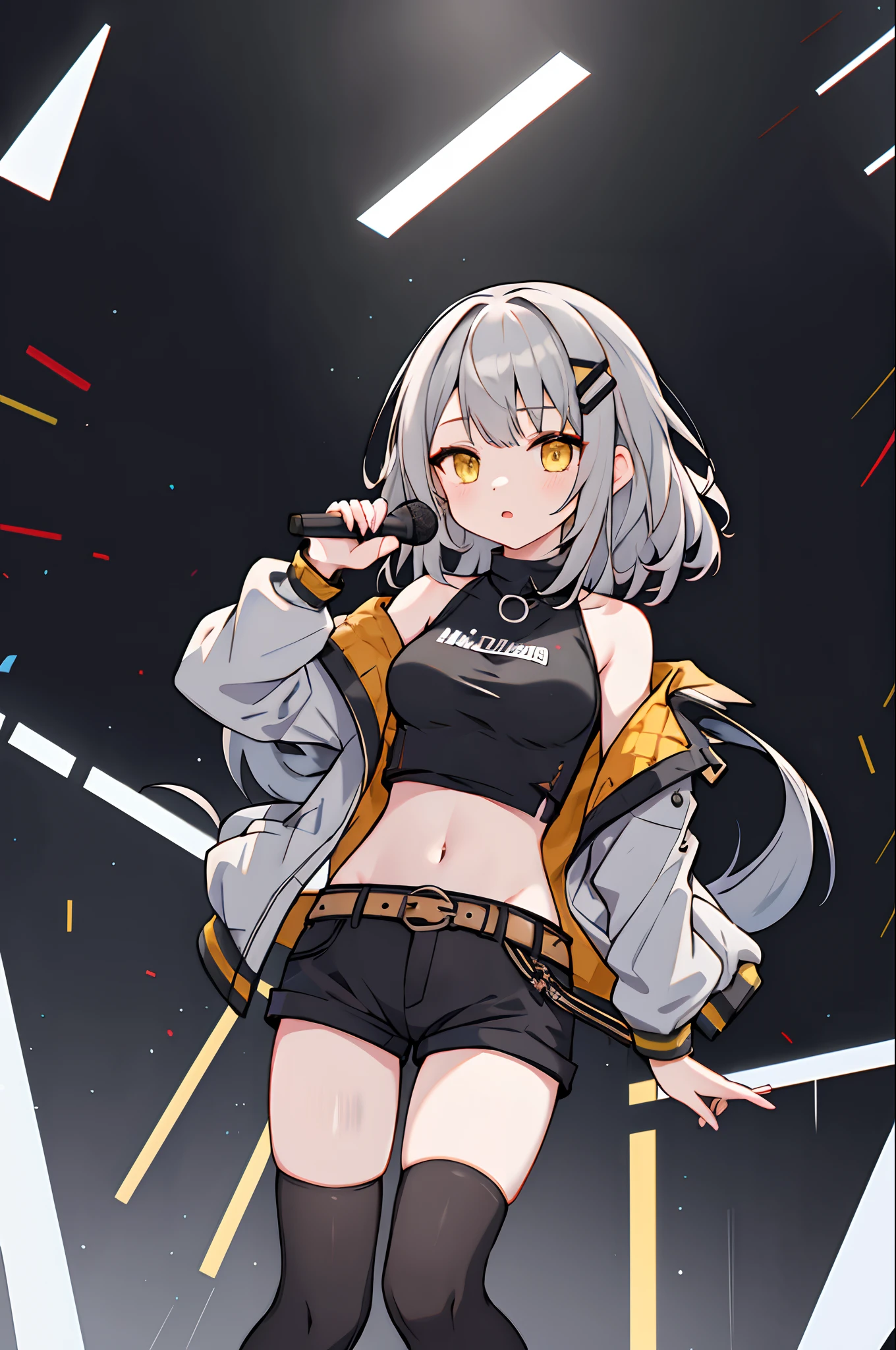 masterpiece, best quality, highres, masterpiece, best quality, highres, 1girl, solo, shorts, virtual youtuber, yellow eyes, single thighhigh, thighhighs, long hair, navel, jacket, midriff, grey hair, crop top, off shoulder, black shorts, breasts, hair ornament, black shirt, black thighhighs, short shorts, shirt, belt, open clothes, bangs, bare shoulders, black jacket, medium breasts, sleeveless, on the stage, holding microphone,