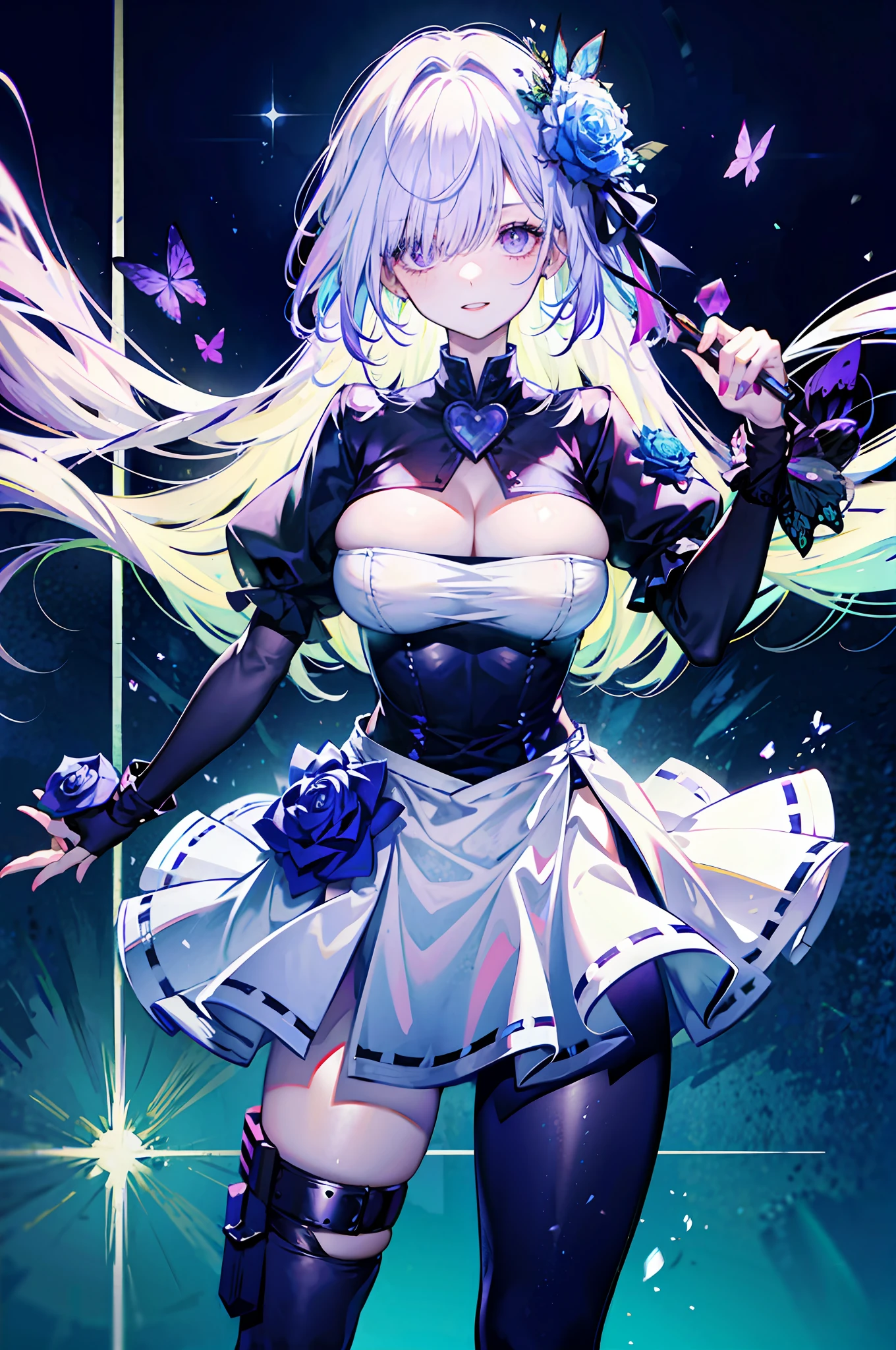 silber hair,butterflys,long whitr hair,8k wallpaper,detailedbackground,Highest high resolution,deep v big breasts,Hair covers one eye,Bandeau,chies,Purple roses,tight-fitting,stocklings