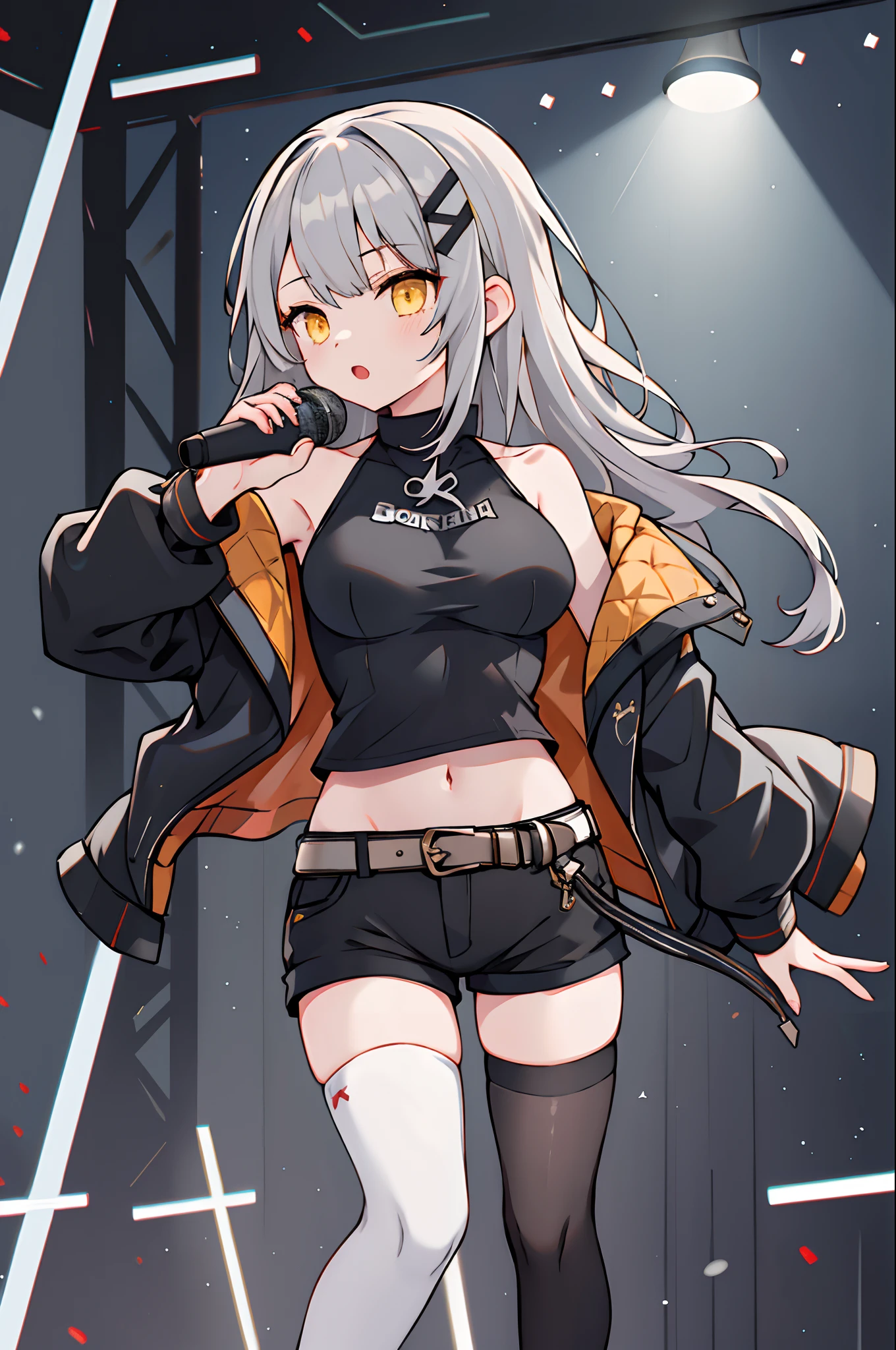 masterpiece, best quality, highres, masterpiece, best quality, highres, 1girl, solo, shorts, virtual youtuber, yellow eyes, single thighhigh, thighhighs, long hair, navel, jacket, midriff, grey hair, crop top, off shoulder, black shorts, breasts, hair ornament, black shirt, black thighhighs, short shorts, shirt, belt, open clothes, bangs, bare shoulders, black jacket, medium breasts, sleeveless, on the stage, holding microphone,