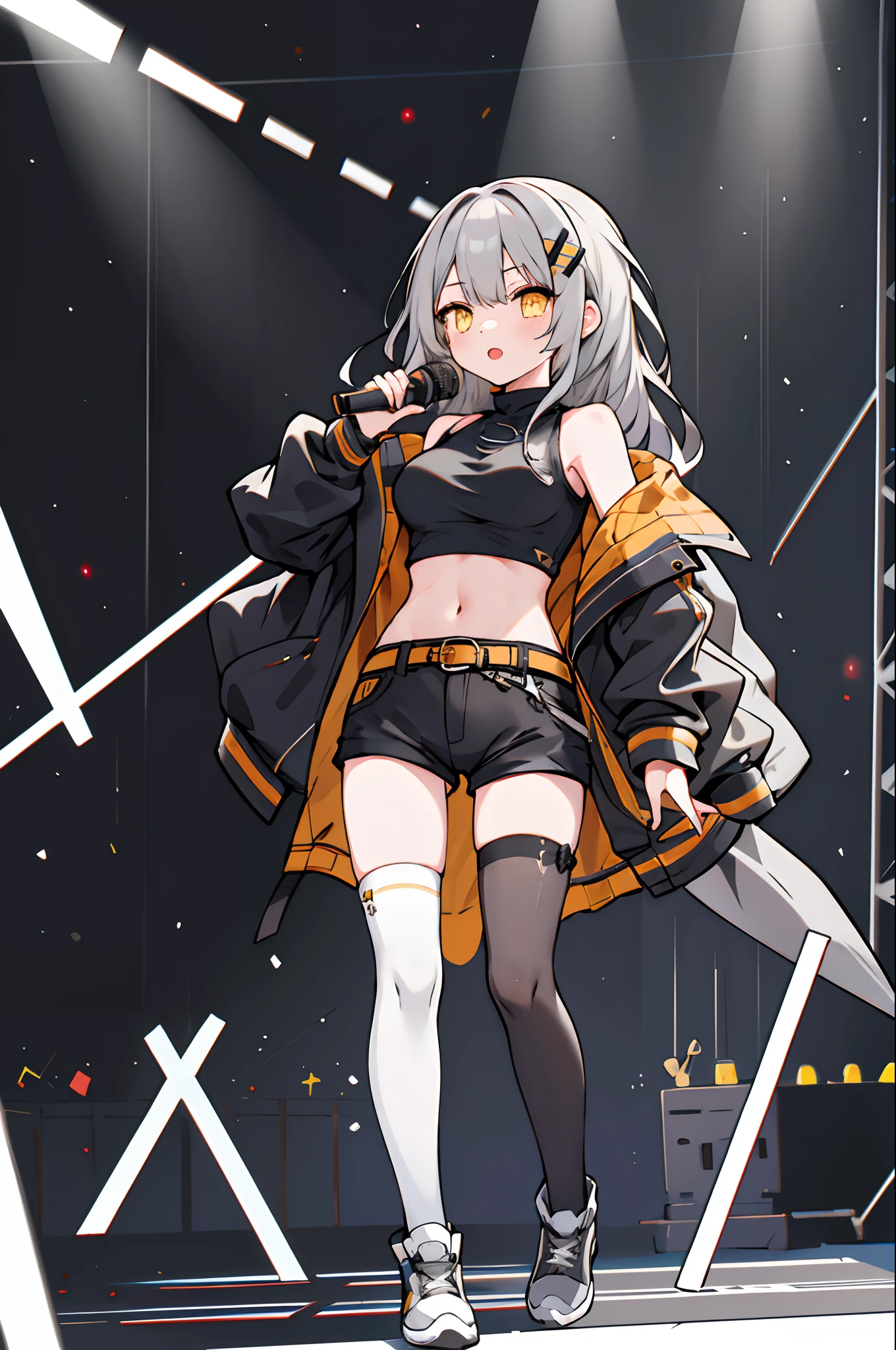 masterpiece, best quality, highres, masterpiece, best quality, highres, 1girl, solo, shorts, virtual youtuber, yellow eyes, single thighhigh, thighhighs, long hair, navel, jacket, midriff, grey hair, crop top, off shoulder, black shorts, breasts, hair ornament, black shirt, black thighhighs, short shorts, shirt, belt, open clothes, bangs, bare shoulders, black jacket, medium breasts, sleeveless, on the stage, holding microphone,