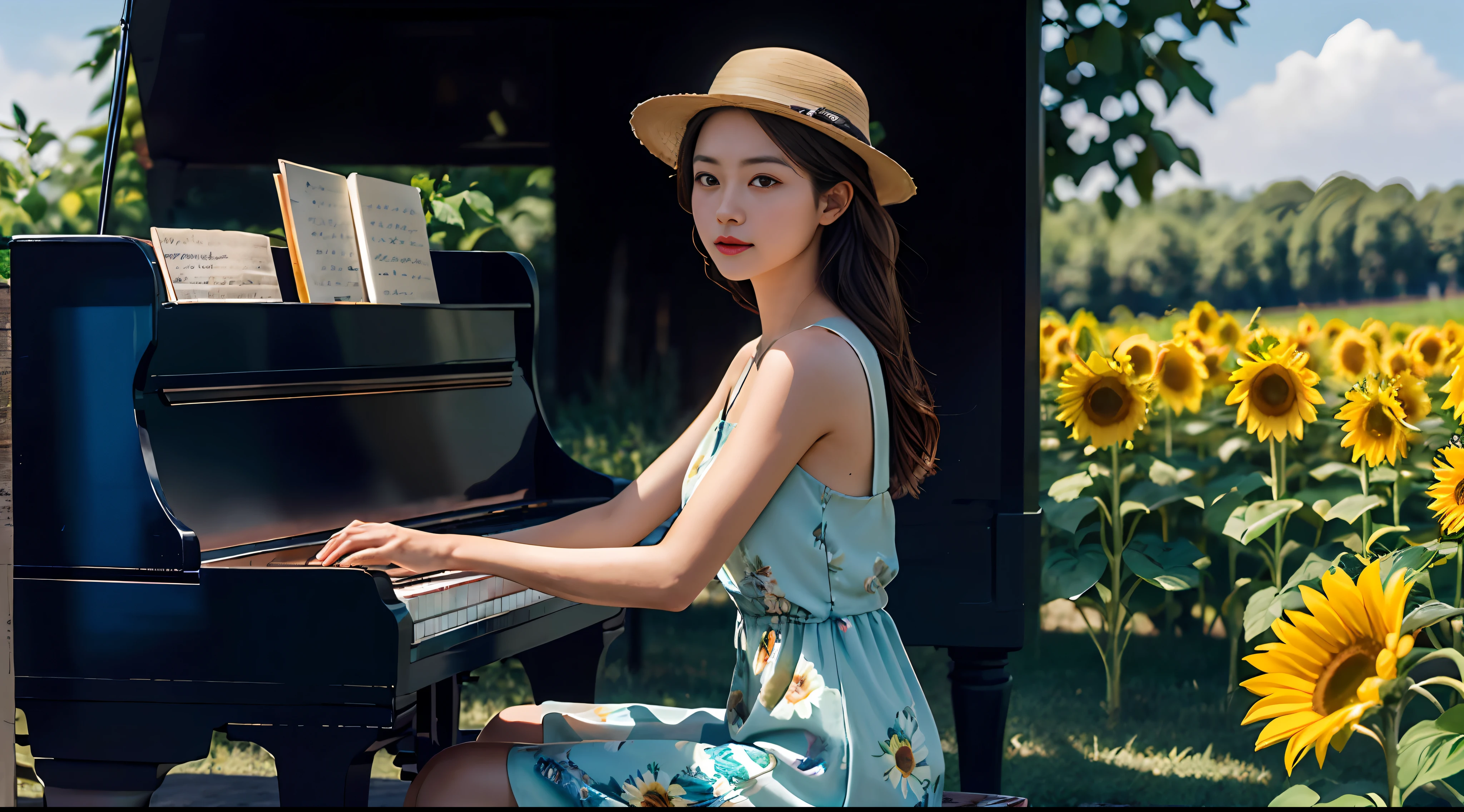 (oil painted:1.2),Kizi，Sit on the piano solo, florals,  Light wind,  signed, Sunflower fields, Brown hair, Long micro hair, Black colored eyes, sideface, Long white dress，With a hat，rays of sunshine