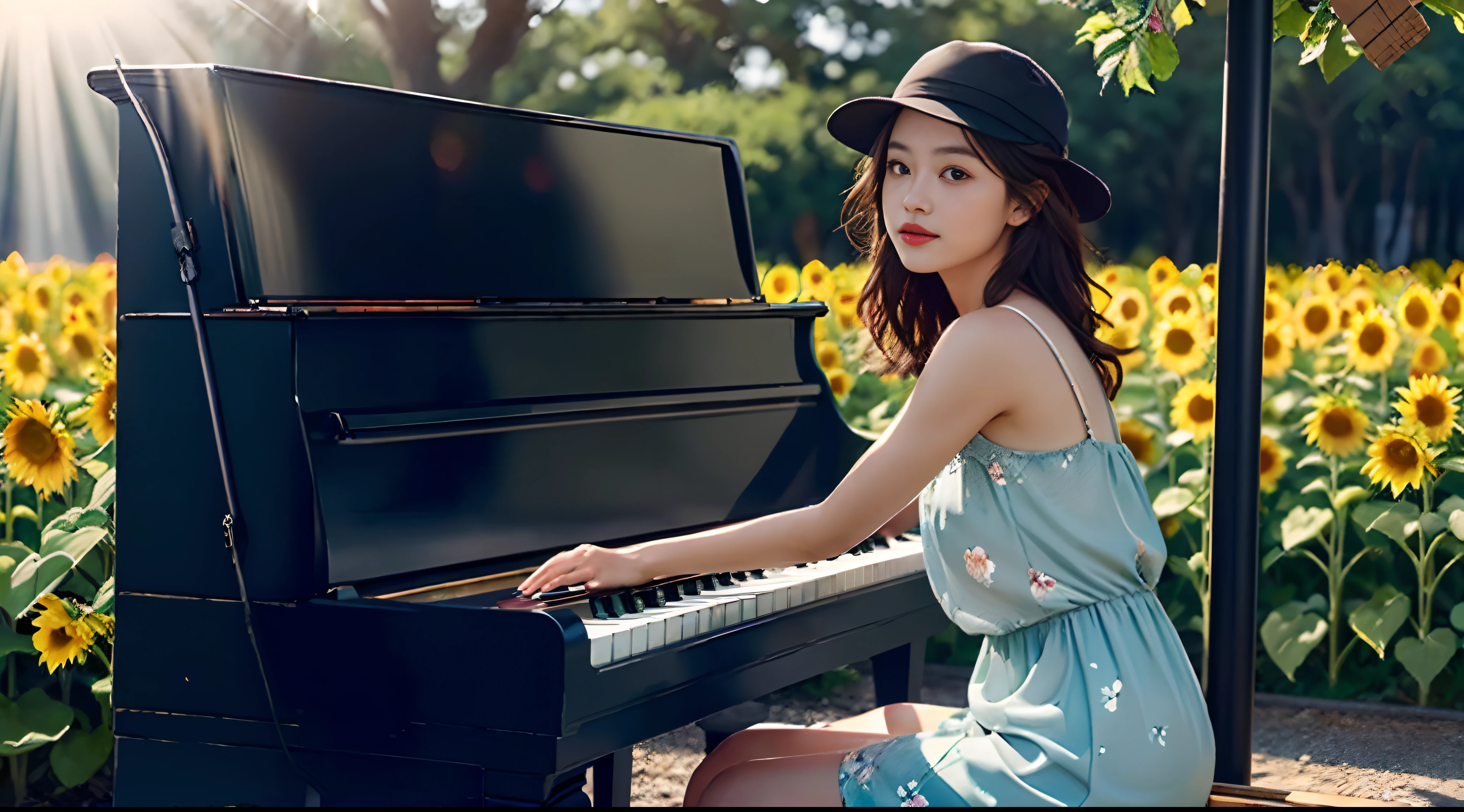 (oil painted:1.2),Kizi,Sit on the piano solo, florals, Light wind, signed, Sunflower fields, Brown hair, Long micro hair, Black colored eyes, sideface, Long white dress,With a hat,rays of sunshine