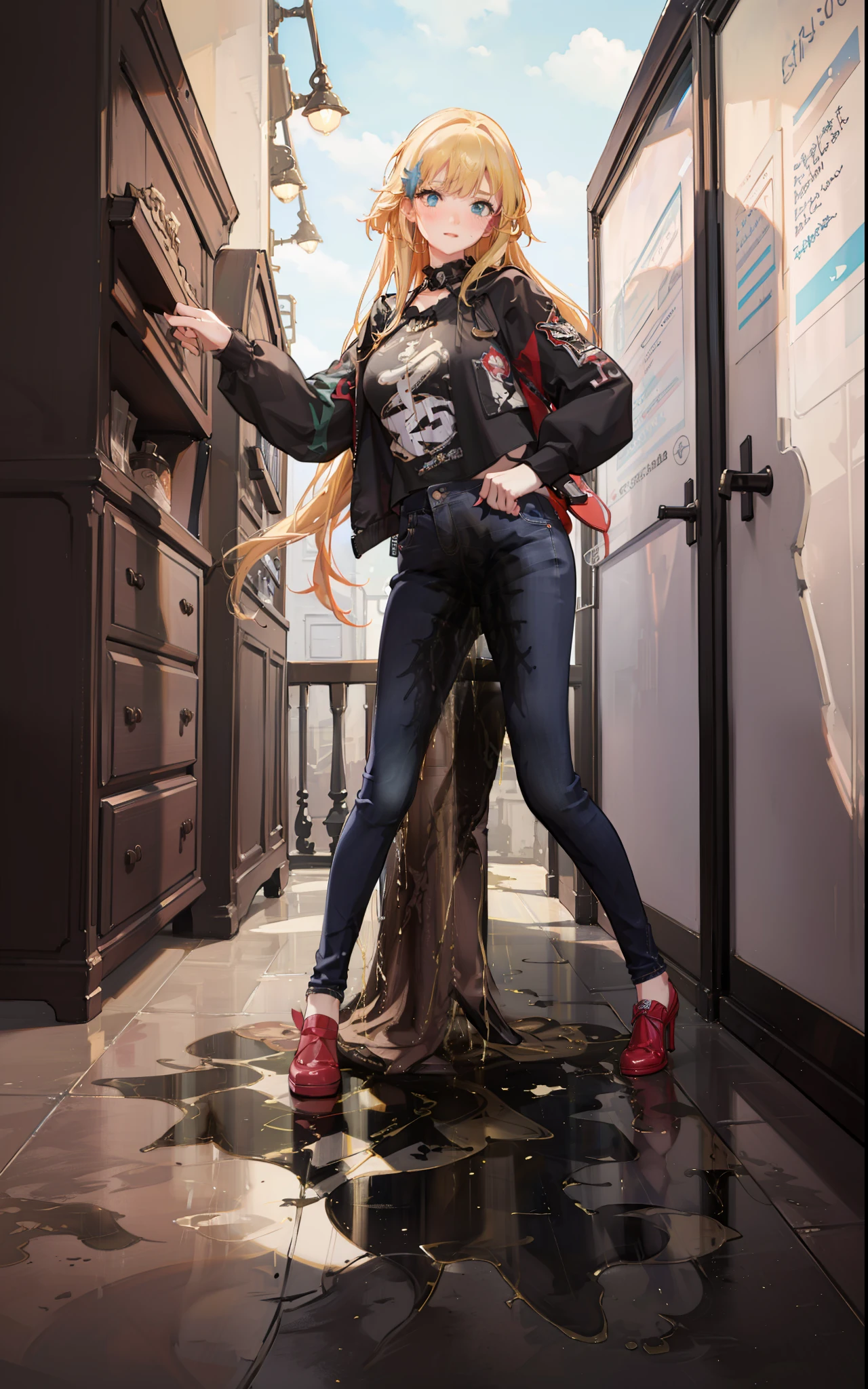masterpiece, 8K, realistic, highly detailed, highres, best quality, detailed face, (3girls), 20 years old, blue jeans pants, full body, blush, worried, park, ((((((pee stain))))))