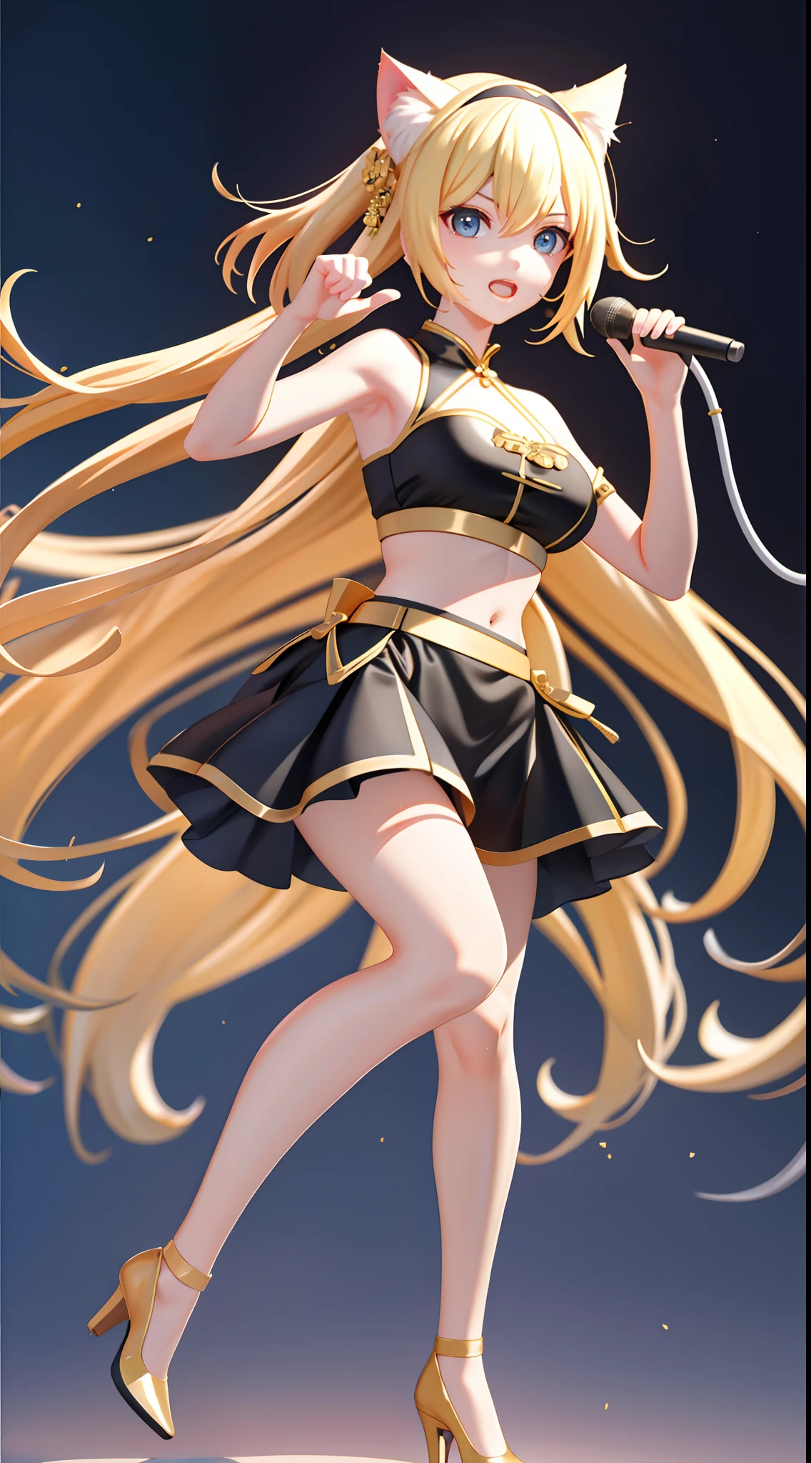 Telescopic shot，Full body photo，tmasterpiece，Best quality，Realistic lighting，超高分辨率， Concert stage（Use a microphone with a stand）sing，1girll，Clench your hands into fists， big breasts beautiful， blond hairbl ，Cat ear hair accessories， bare shoulders​， crop tops，high-heels， nabel。