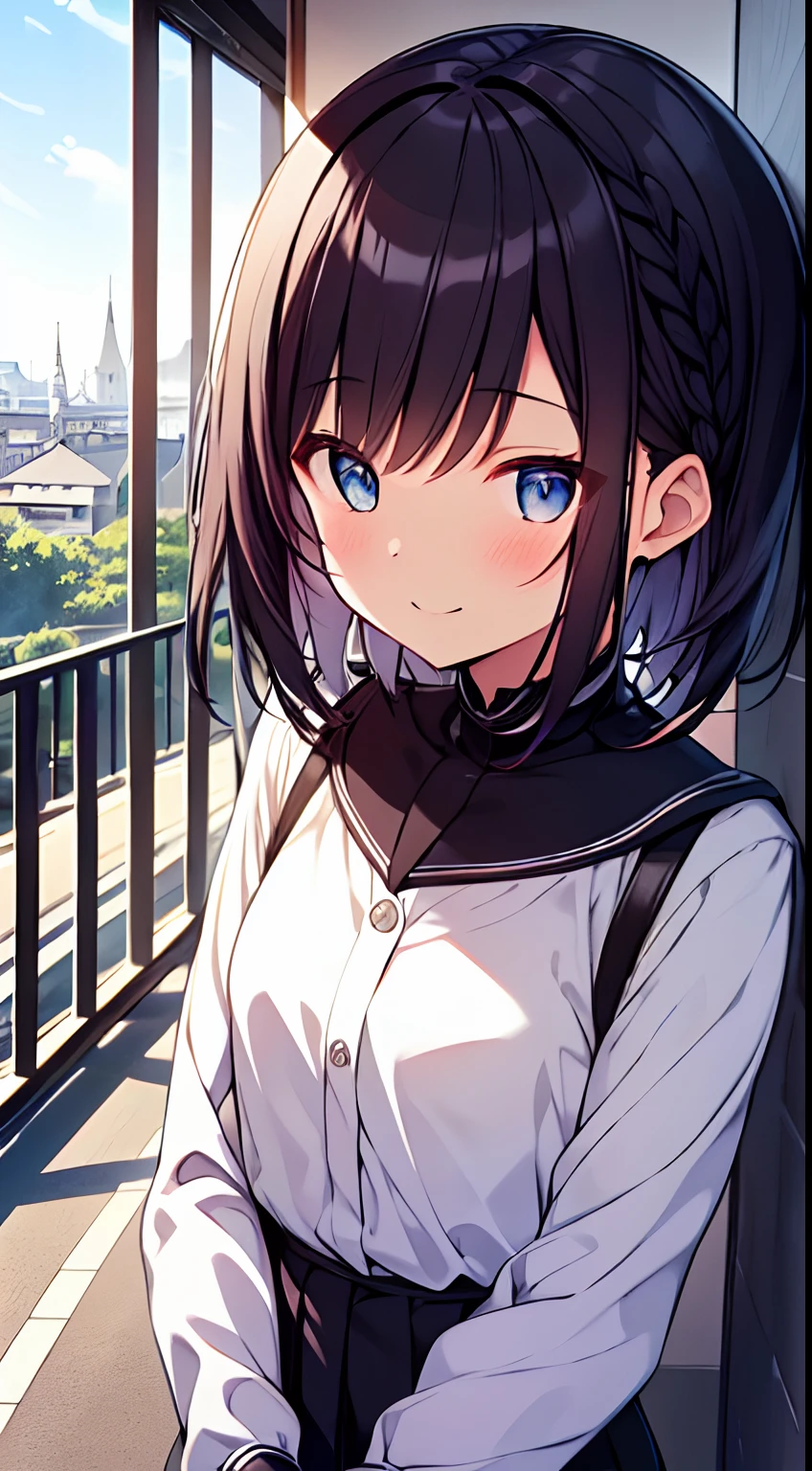 masutepiece, Best Quality,Illustration, Wallpaper, Ultra Detail, 1girl in,Solo,Beautiful detailed eyes,Very thick contour lines、Medium Short-Cut Hair、Short, Braided hair、(student clothes)、Dark hair color、A refreshing smile、Walking next door、Kamimei、Overlooking angle:1.2、small head