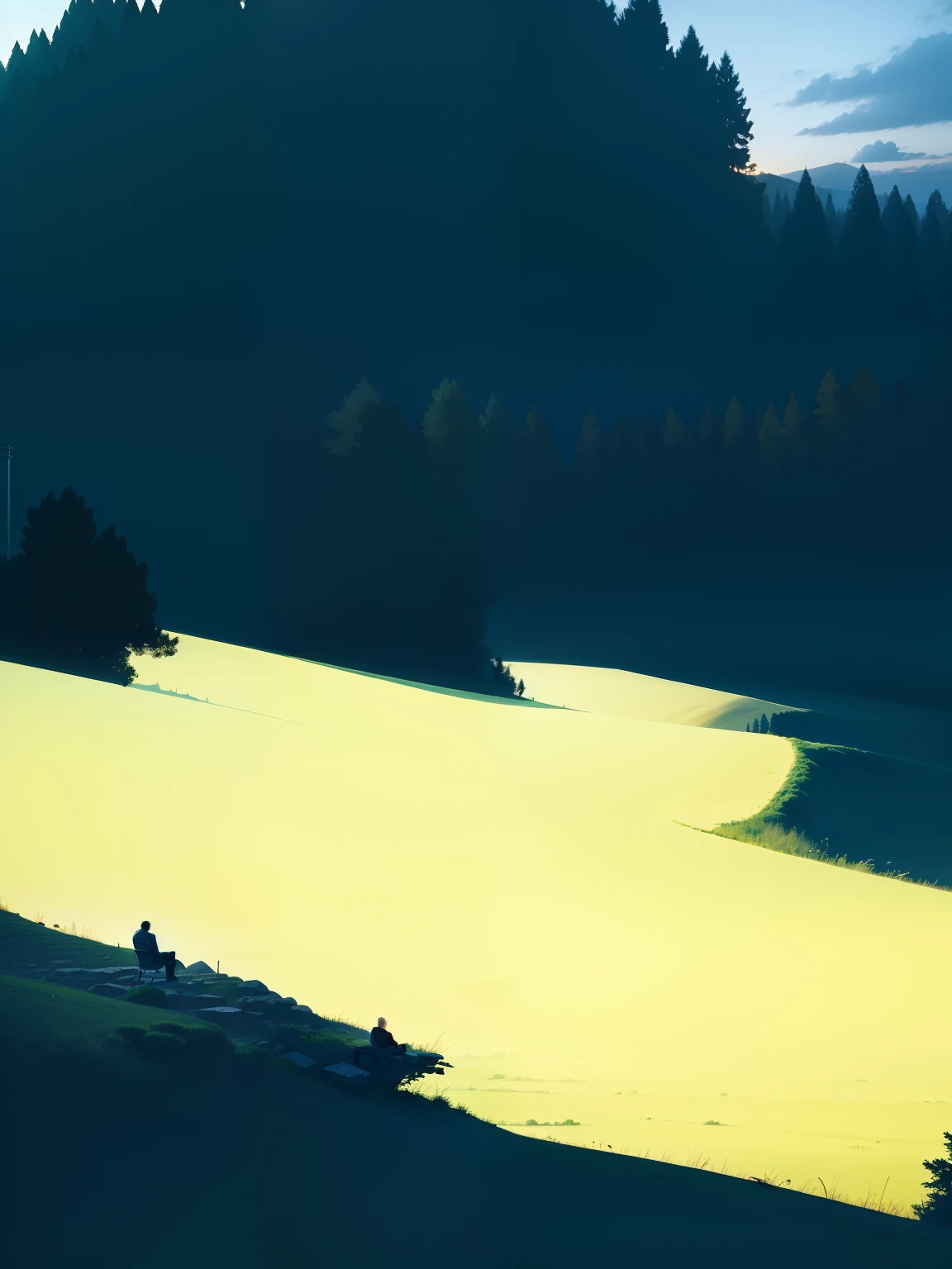 landscape,There is a lonely man sitting on a chair on top,Surrounded by trees and grass。Under dusk