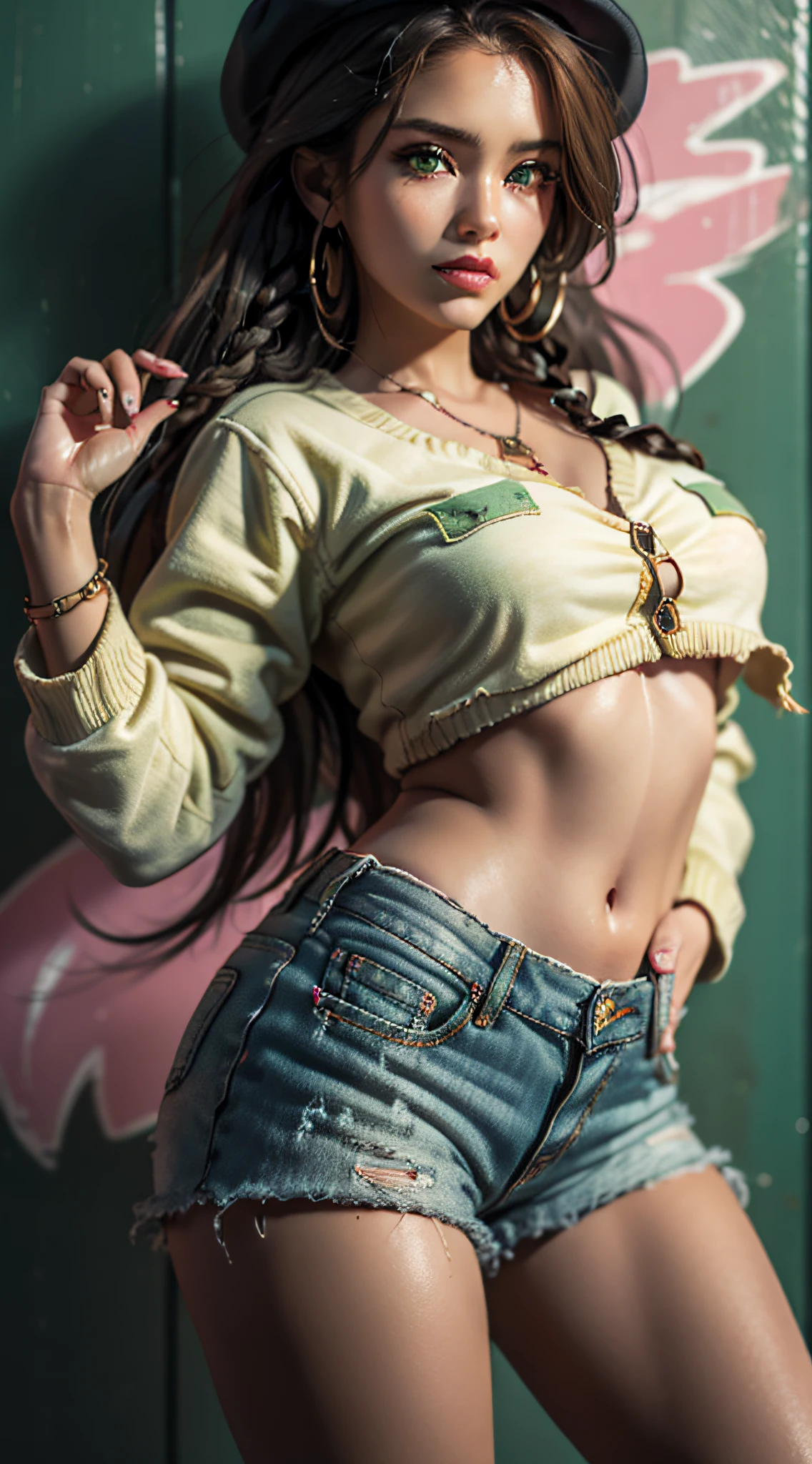 ((Best quality)), ((Masterpiece)), (Detailed), 1girl, ((green eyes)), (beautiful eyes, detailed), (very big chest), slim waist, (hair green), (hair with braids, extremely long), well-detailed hair, ((dark skin color)), ((skin texture)), ((glossy skin)), hip-hop style, wearing cap, wide, torn shirt, jacket ripped open jeans, micro shorts, pink sneakers. She is next to a graffitied wall performing a dance step in a relaxed and happy way,