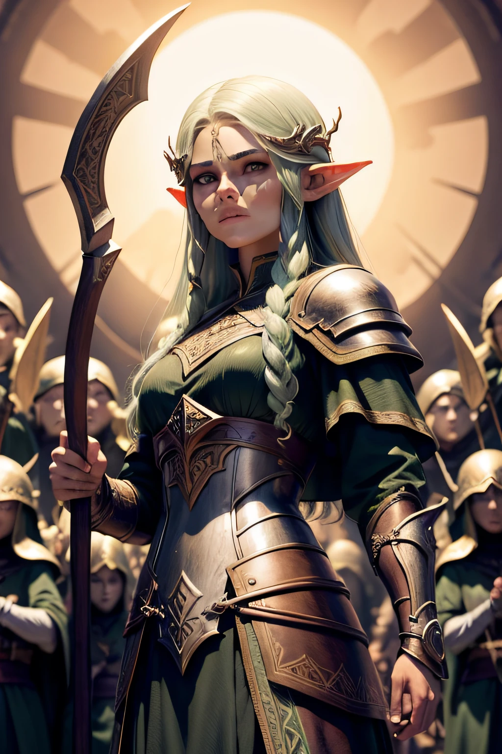 Elven archers,The expression is grim,Enchanting figure,There is sun shine,Clothes are armor,There is a totem on the face