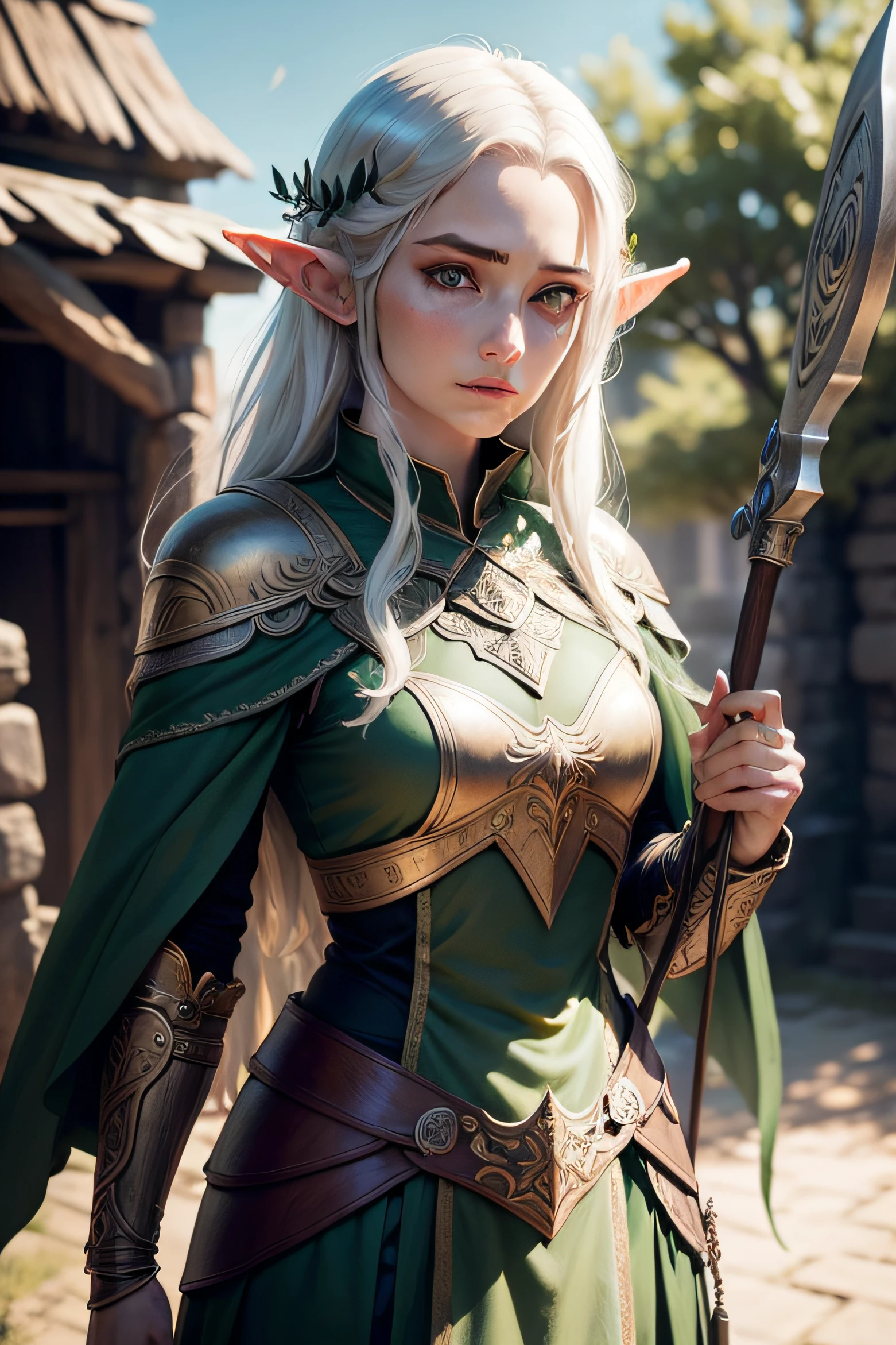 Elven archers,The expression is grim,Enchanting figure,There is sun shine,Clothes are armor,There is a totem on the face